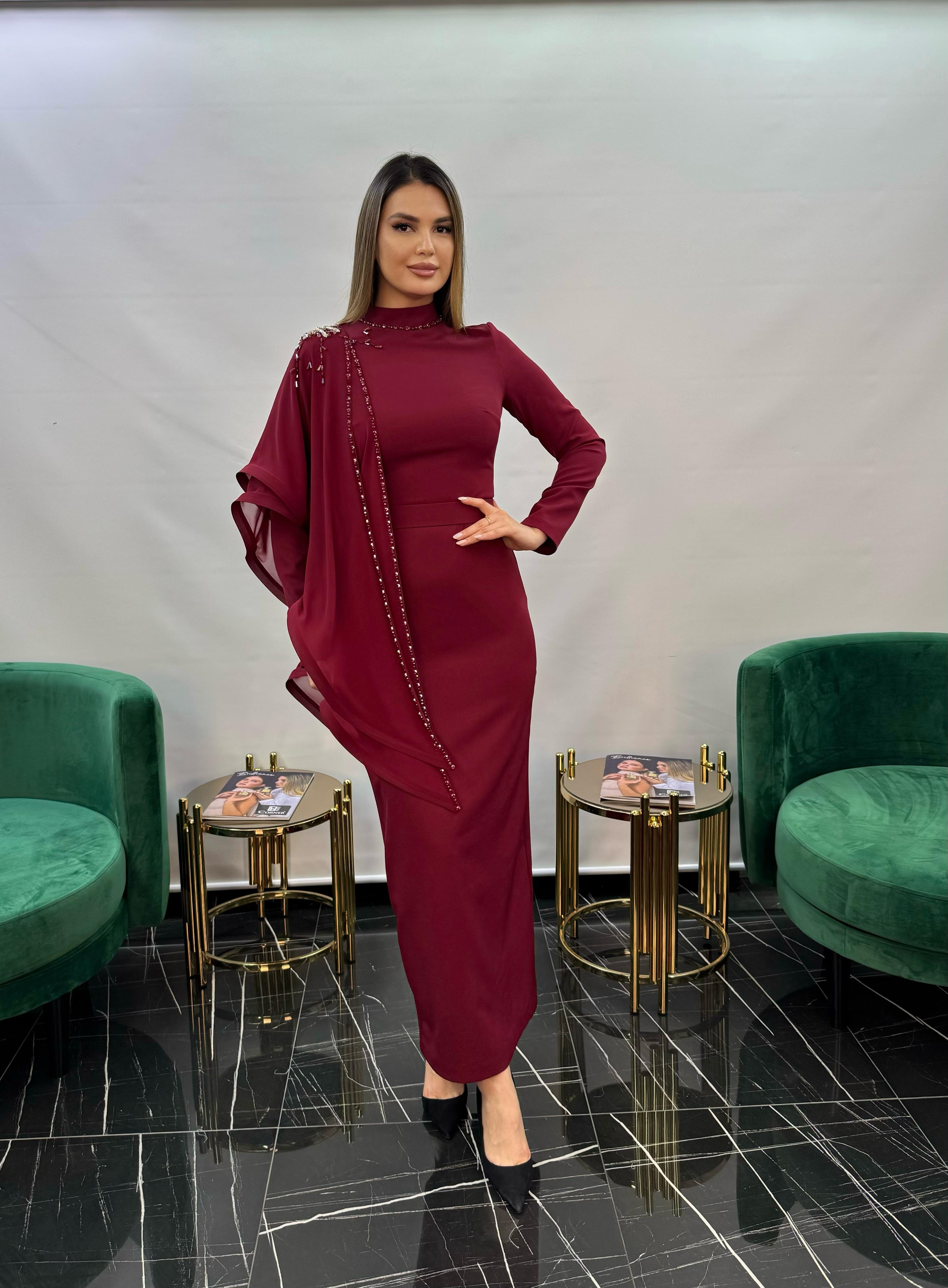 3253 DAR KESİM EL İŞİ İŞLEMELİ TASARIM ELBİSE  - BORDO