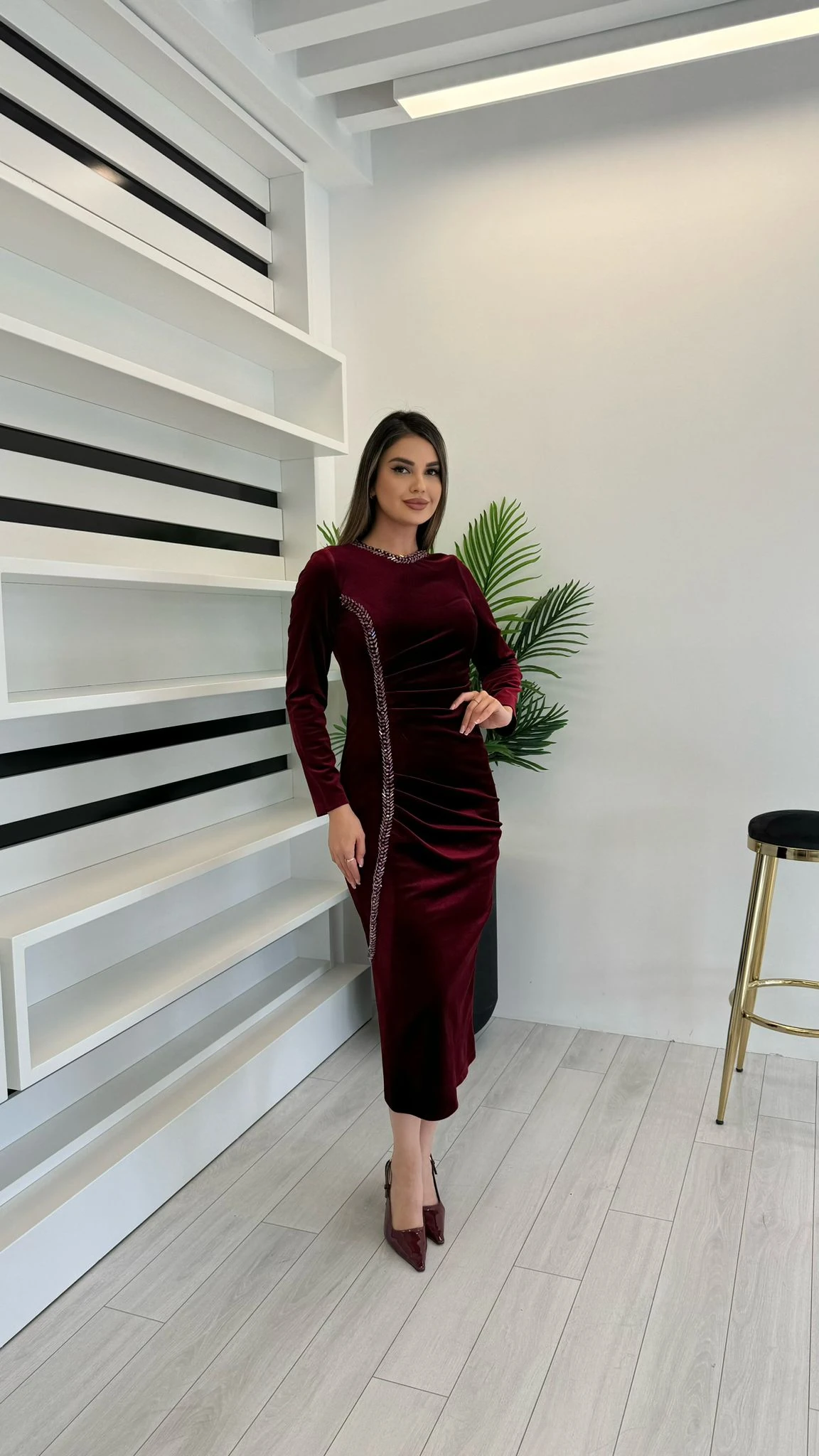 2663 KADİFE KALEM ELBİSE 