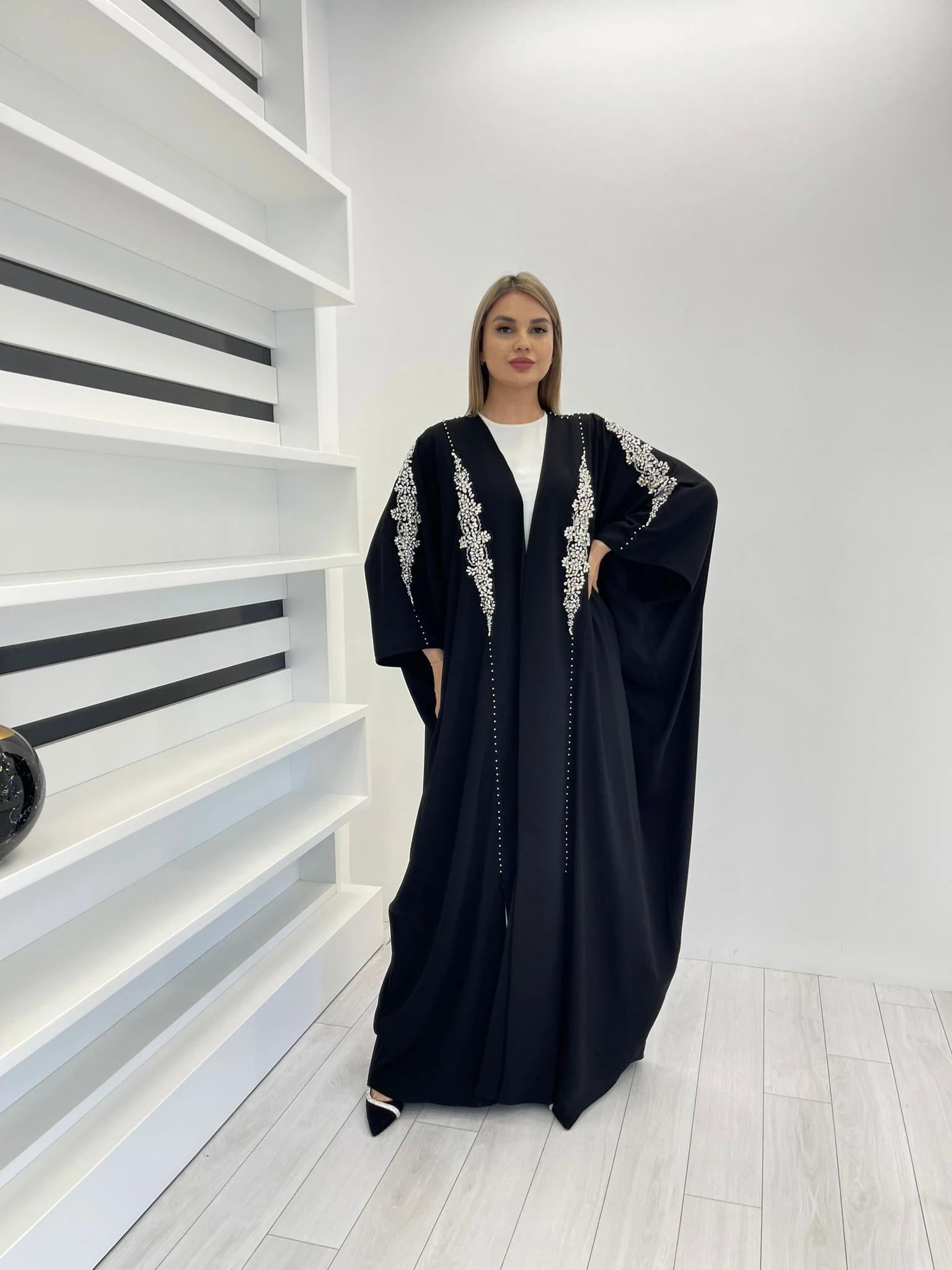 2469 CRYSTAL HANDICRAFT STONE EMBROIDERED BAT MODEL ABAYA