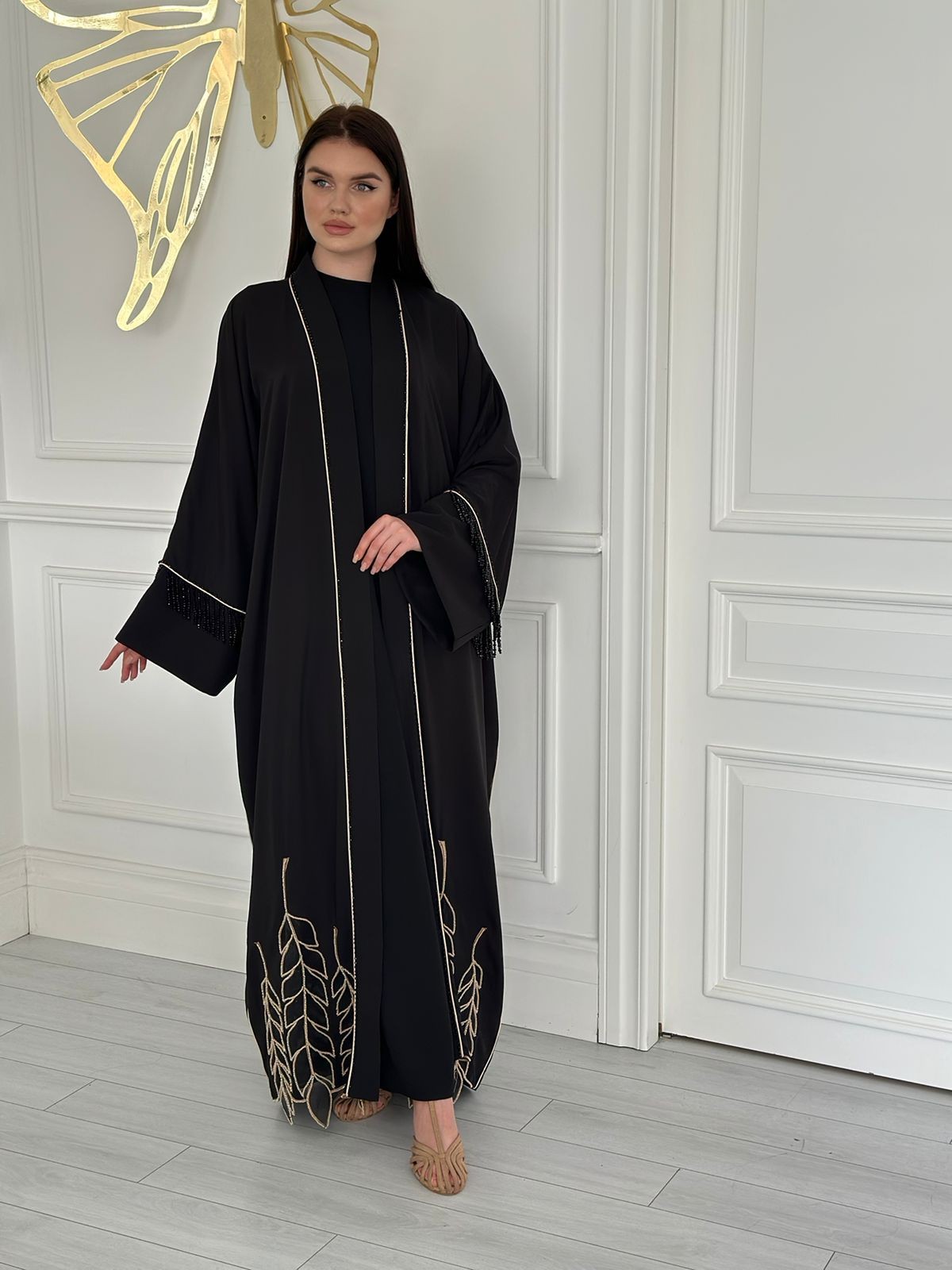 2929 ABAYA WITH SLEEVE AND SKIRT DETAIL - BLACK