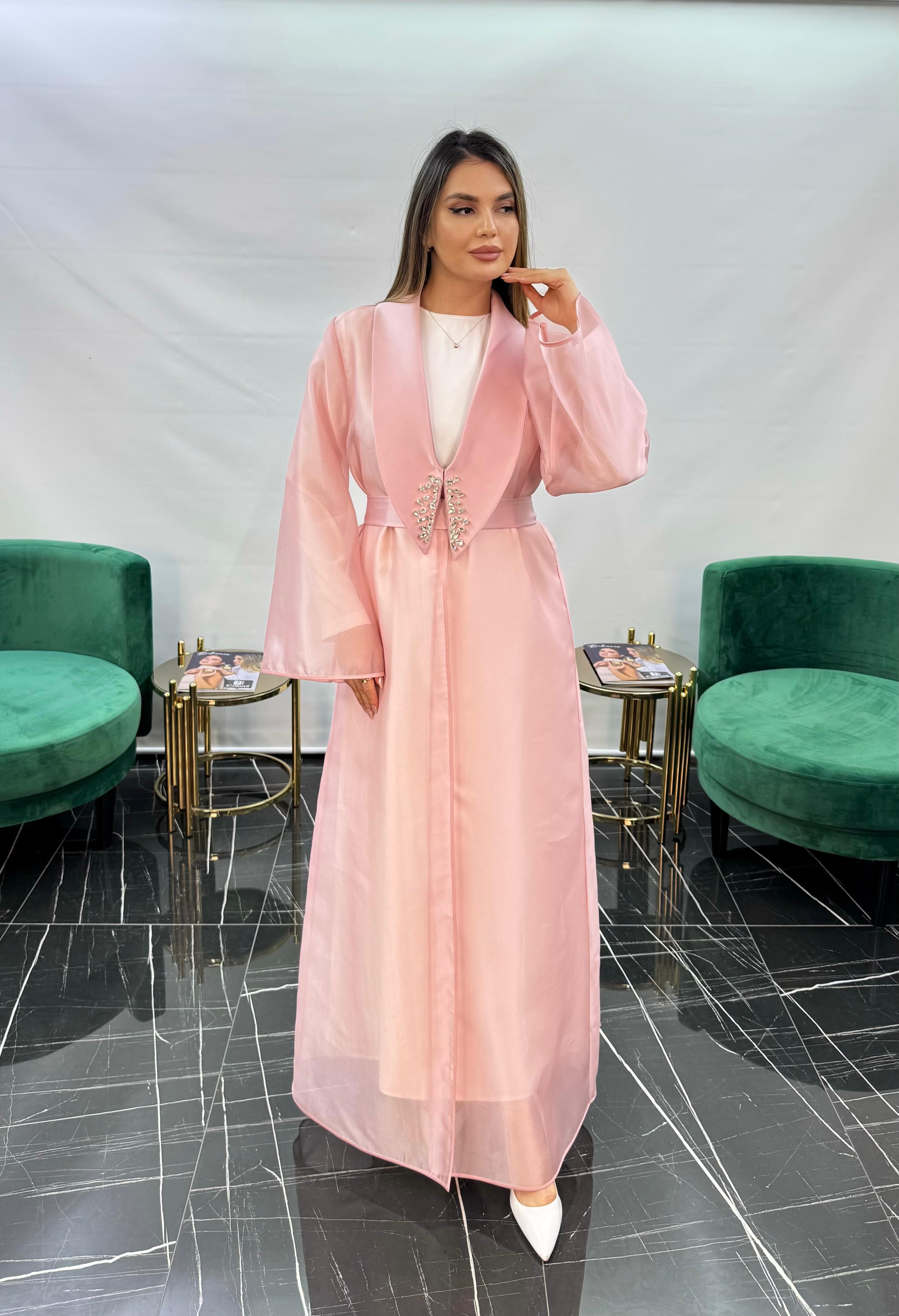 3255 KRİSTAL TAŞ İŞLEMELİ ORGANZE ABAYA  - PUDRA