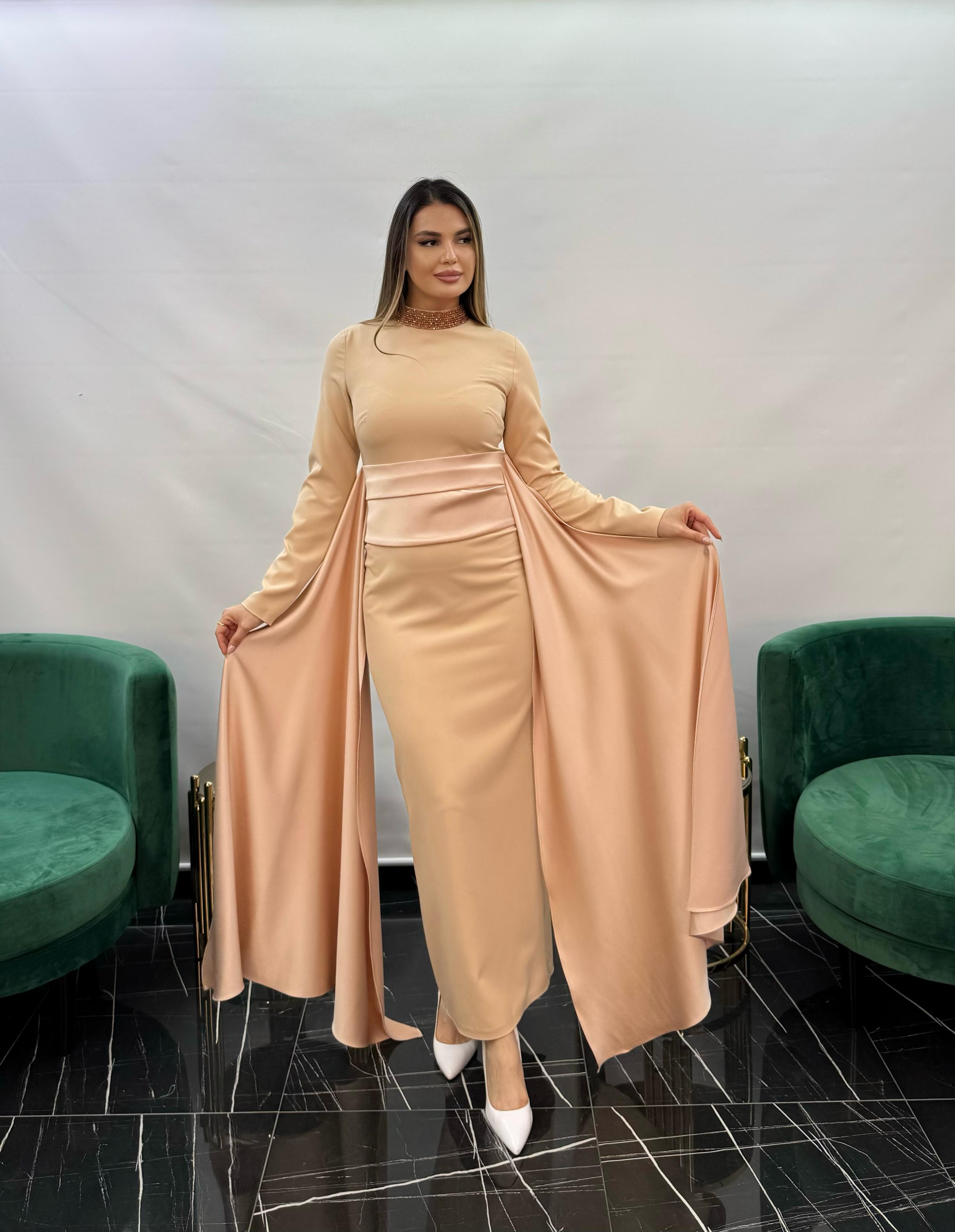 3256 KEMER DETAYI SATEN ELBİSE  - CAMEL