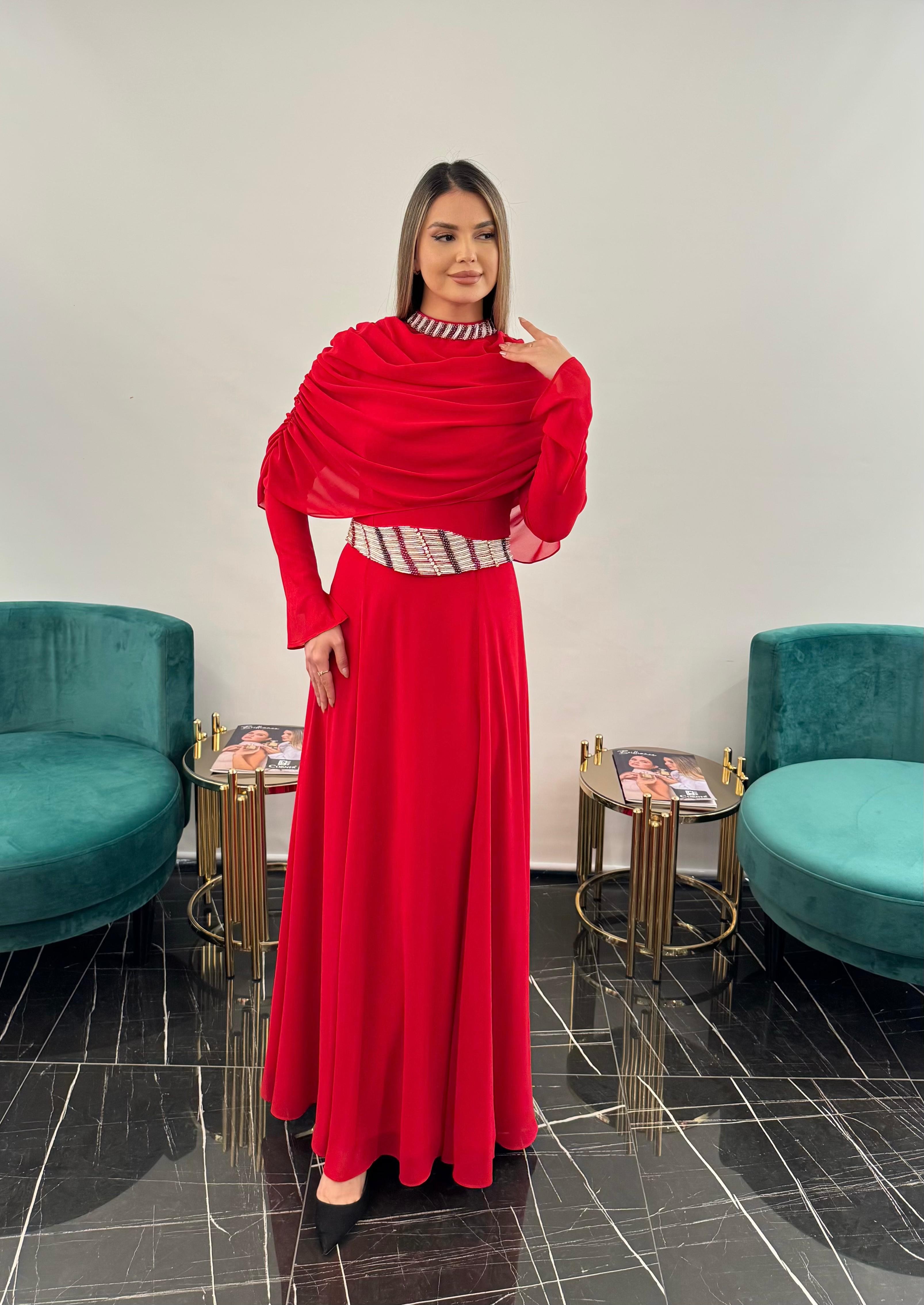 3249 KEMER YAKA KISMI İŞLEMELİ  ŞİFON ELBİSE  - RED
