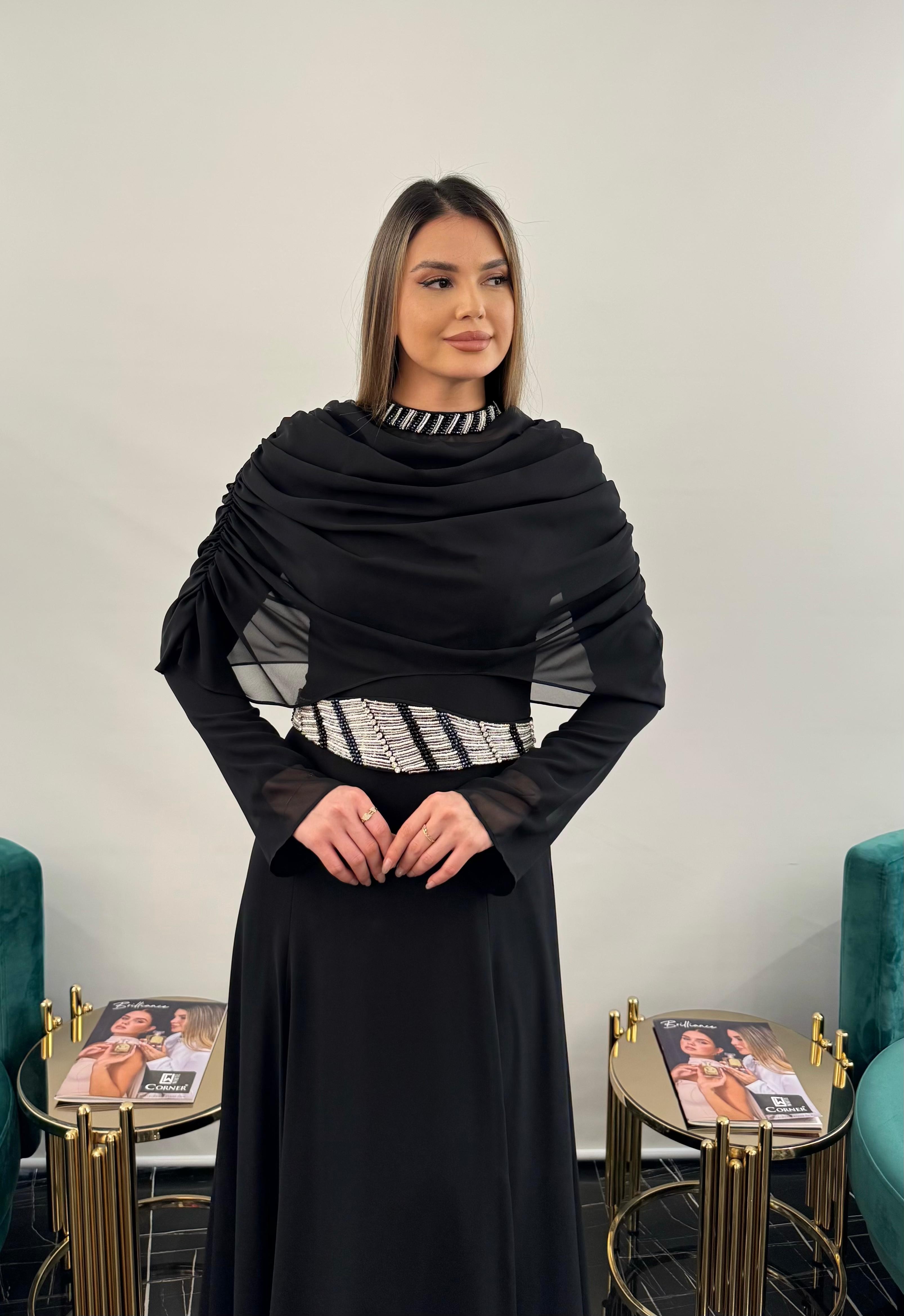 3249 KEMER YAKA KISMI İŞLEMELİ  ŞİFON ELBİSE  - BLACK
