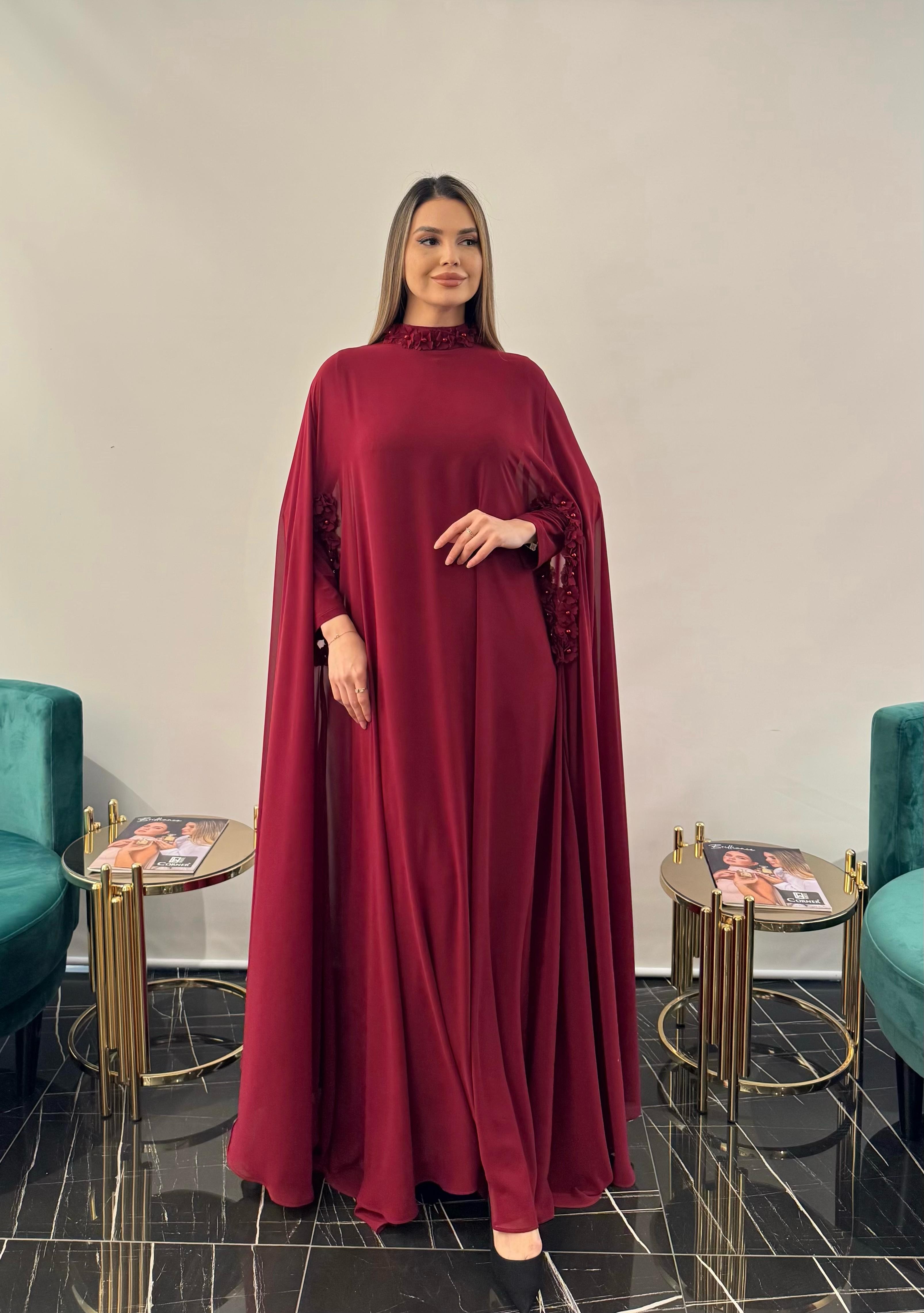 3211 YAKA VE KOL ÇİÇEK DETAYLI ŞİFON ELBİSE  - BORDO