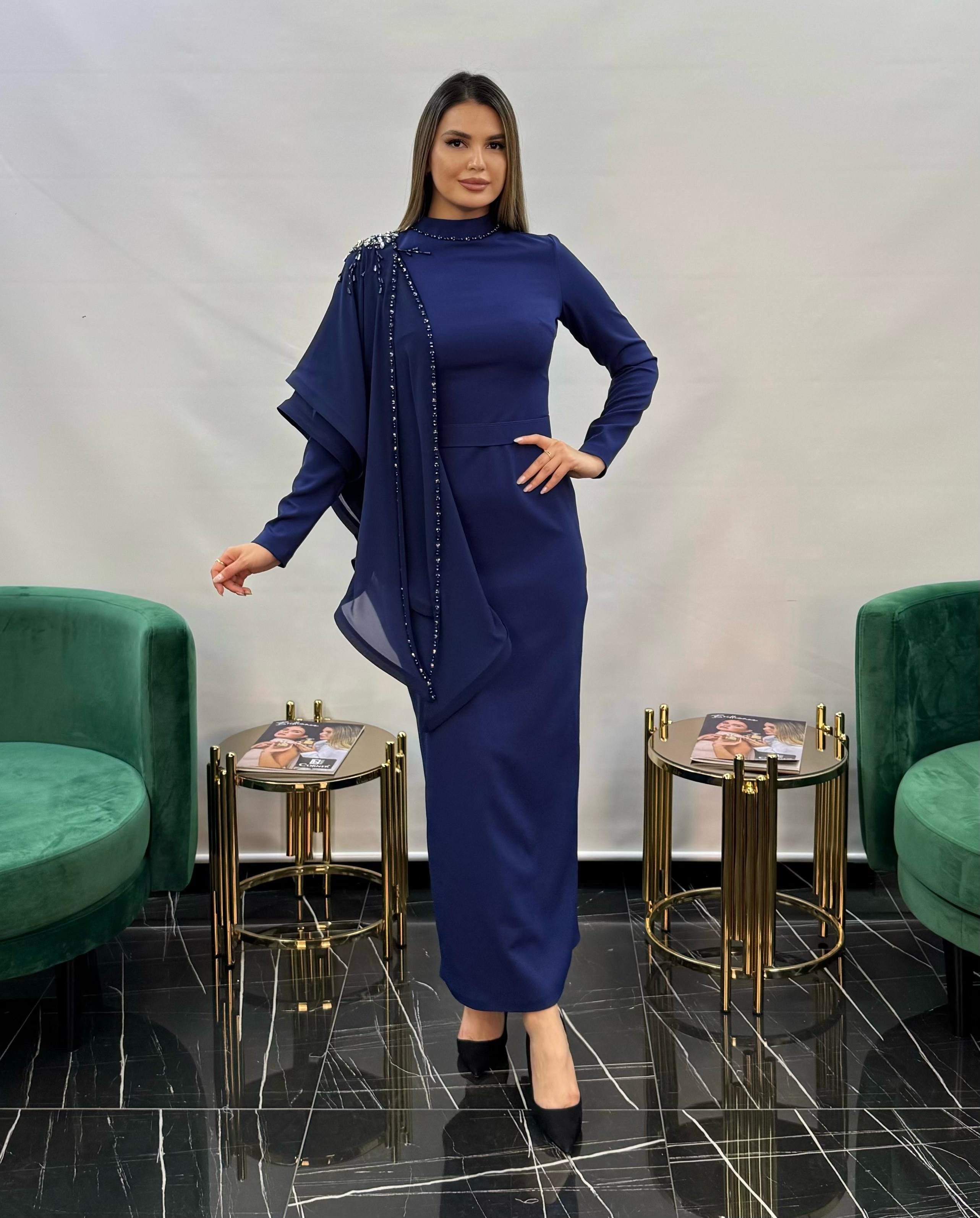3253 DAR KESİM EL İŞİ İŞLEMELİ TASARIM ELBİSE  - LACİVERT