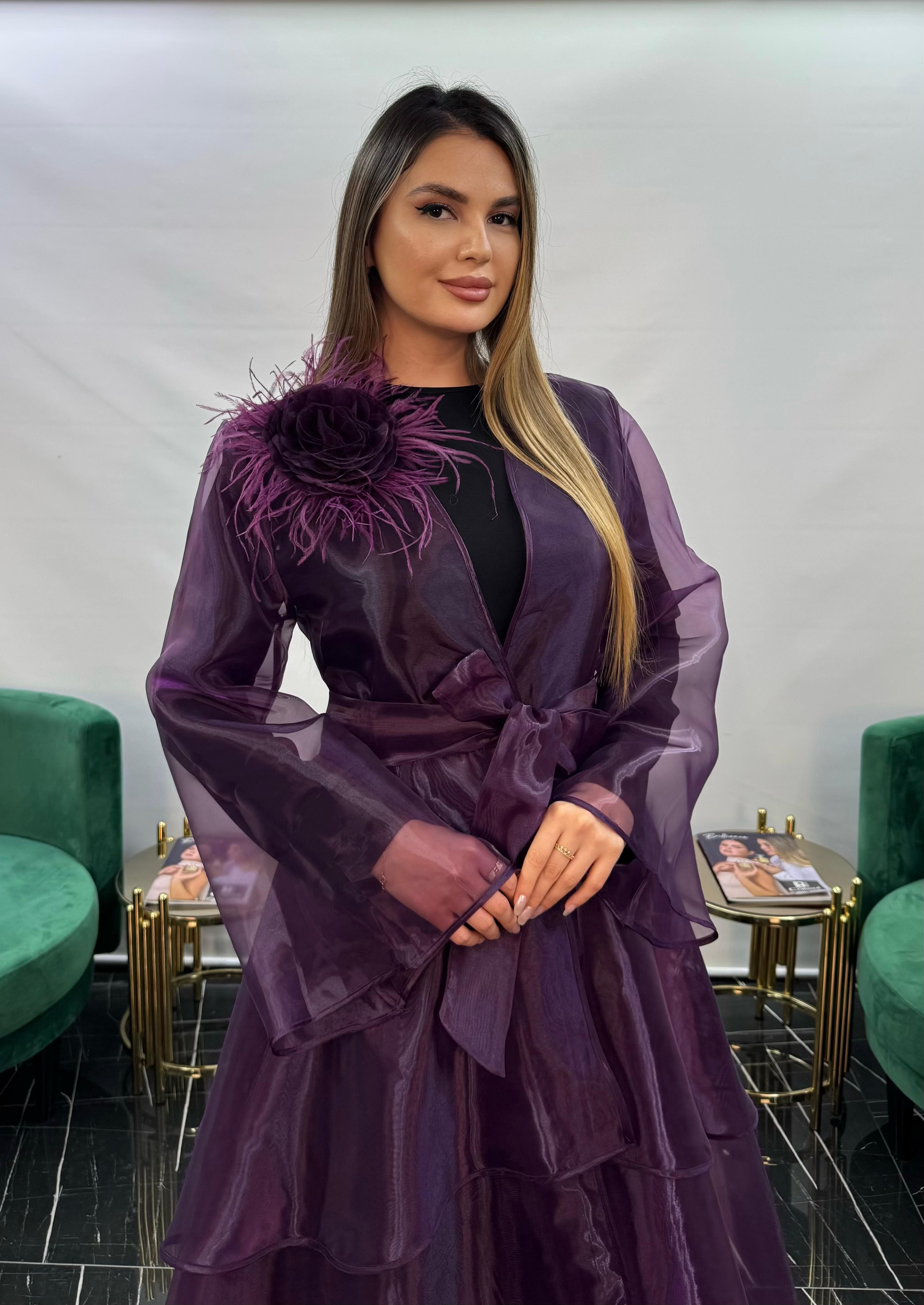3254 KAT KAT ETEK DETAYLI ORGANZE ABAYA  - MOR