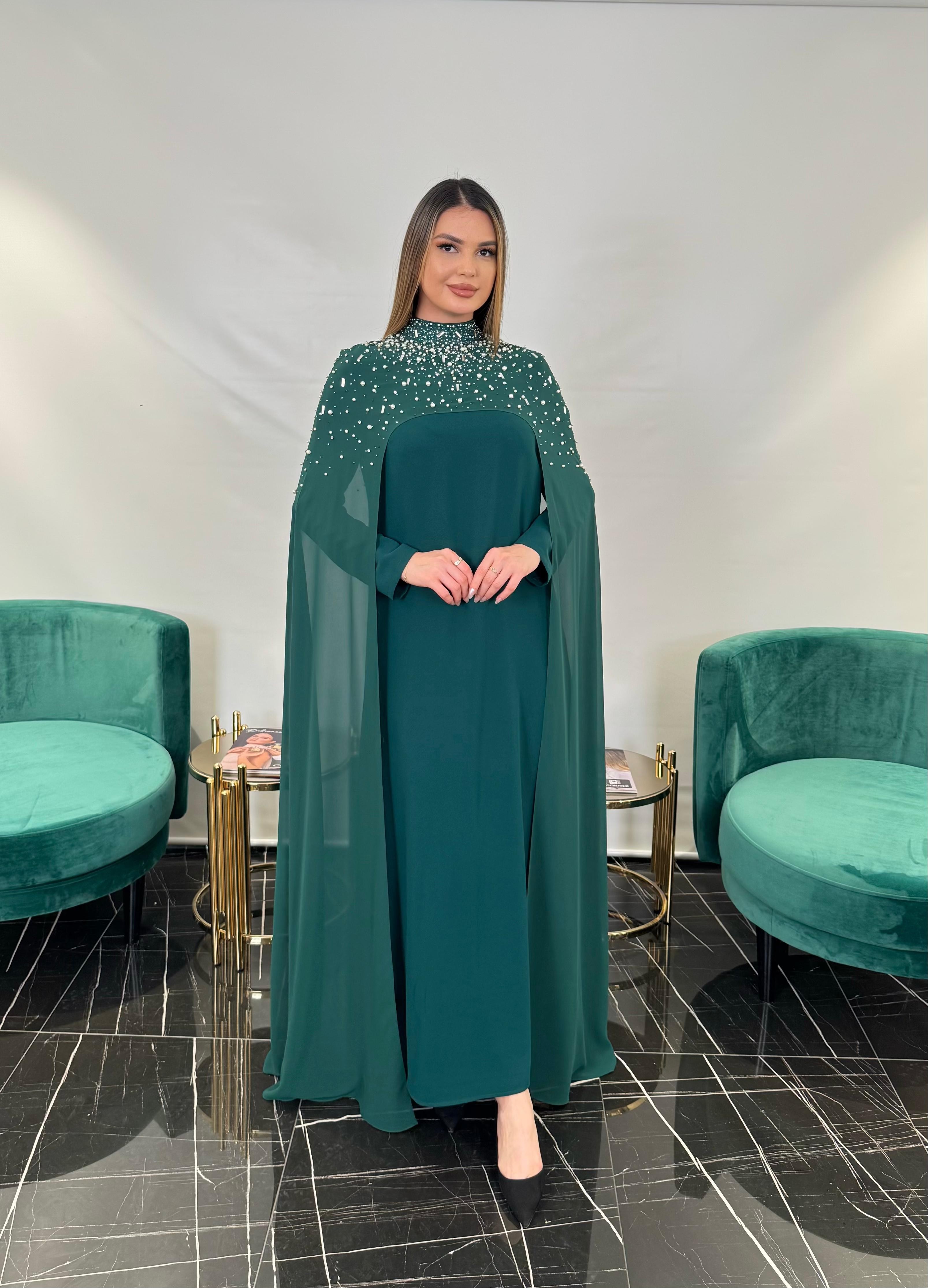 2858 ŞİFON ÜZERİ İNCİ İŞLEMELİ ELBİSE 