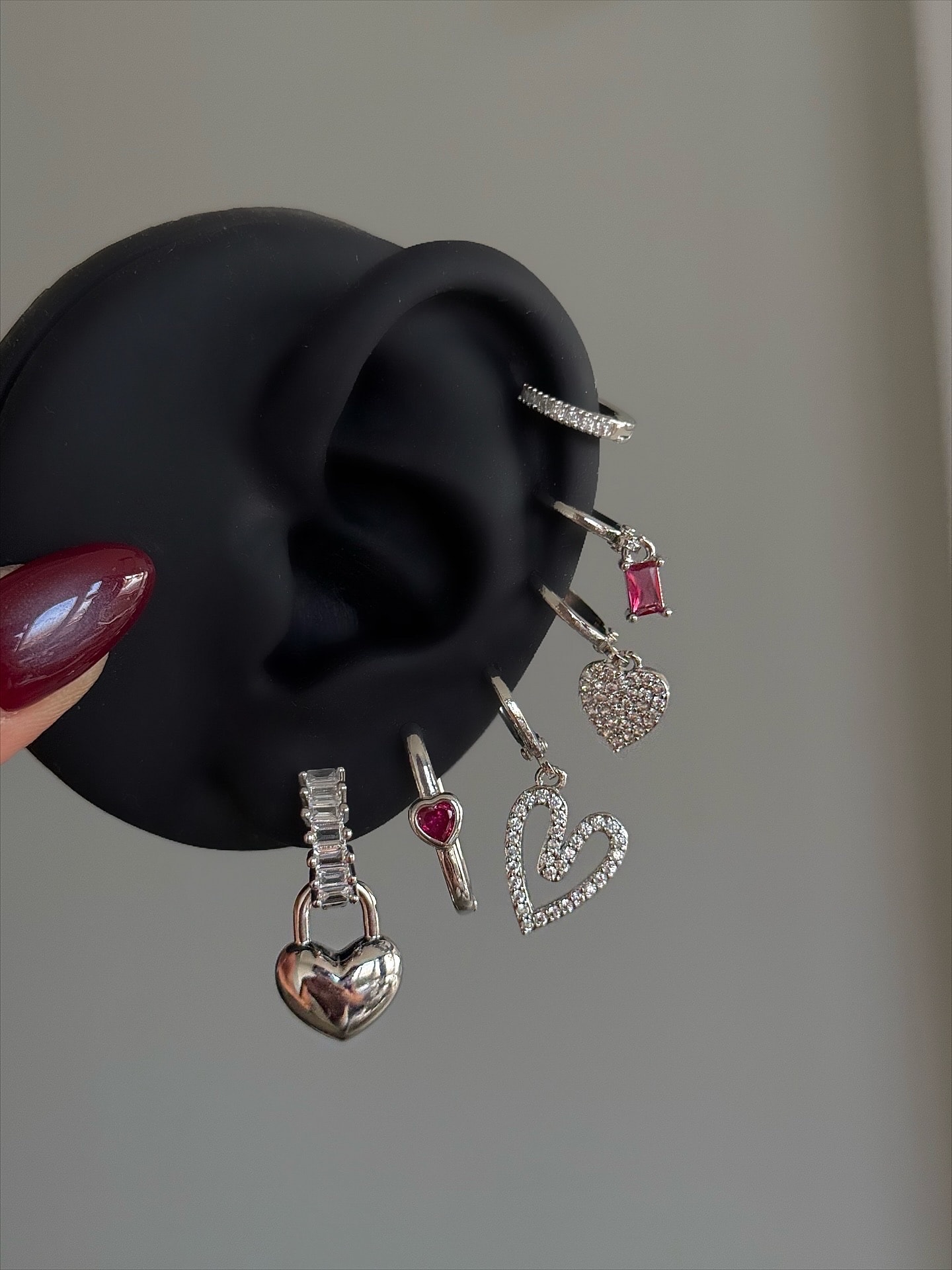 Çelik Silver Koyu Pembe Kalpli 6 Lı Küpe Seti