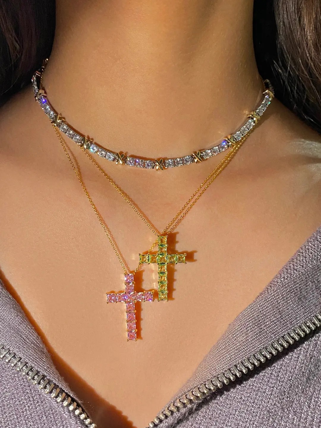 Çelik Gold Pembe Swarovski Taşlı Haç Kolye