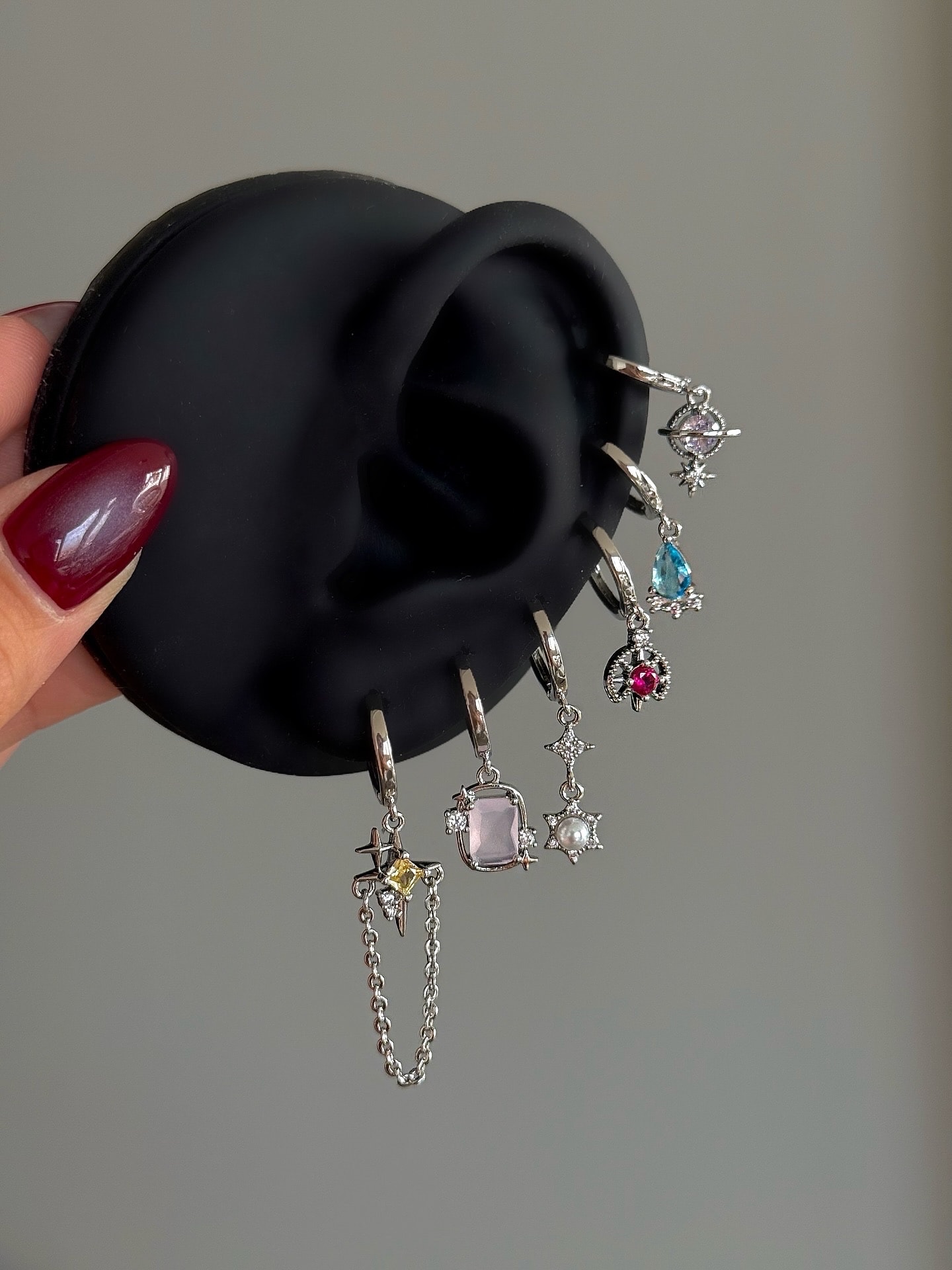 Çelik Silver Pembe Baget Taşlı 6 Lı Küpe Seti