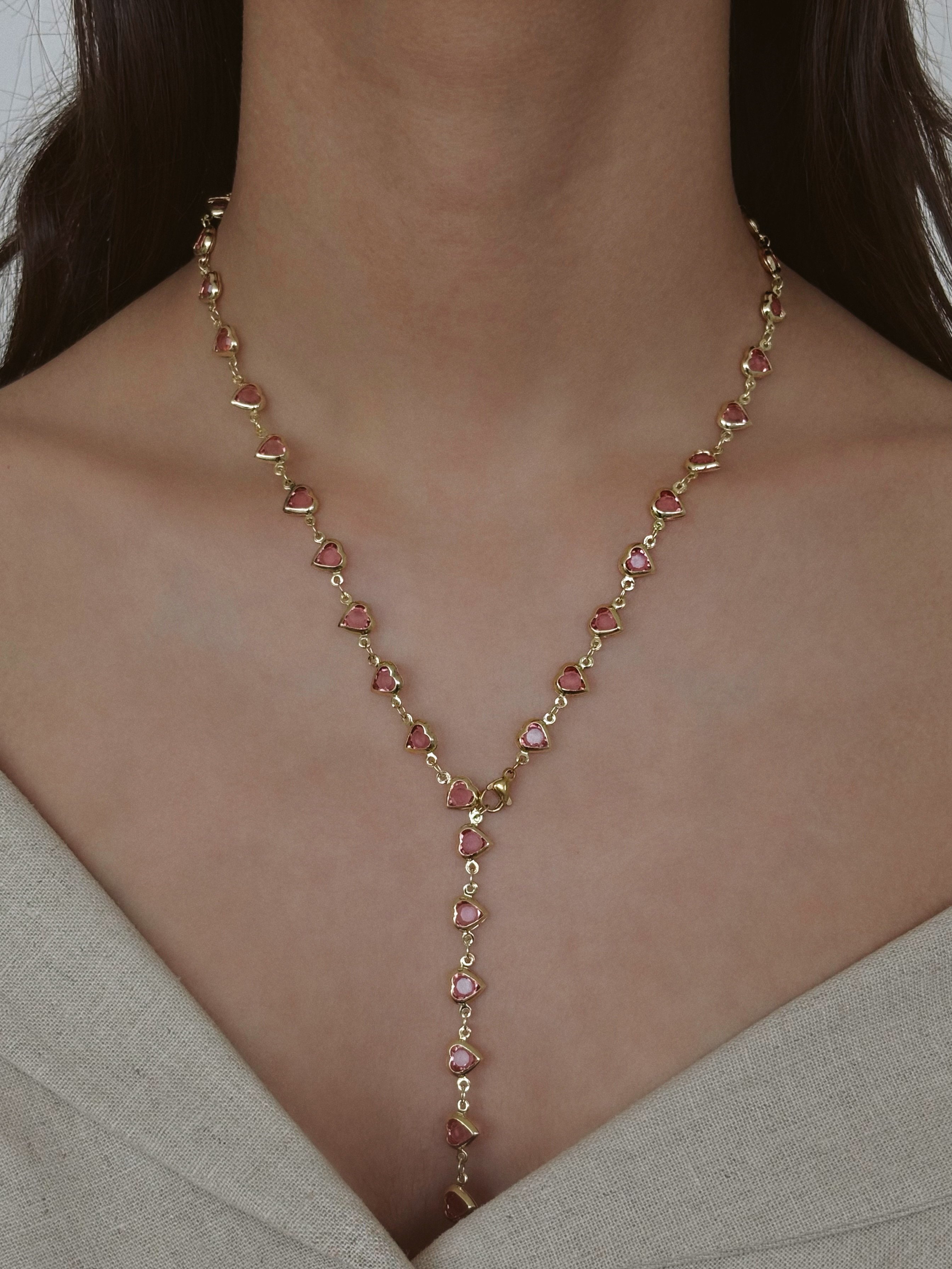 Çelik Gold Pembe Kalpli Y Kolye