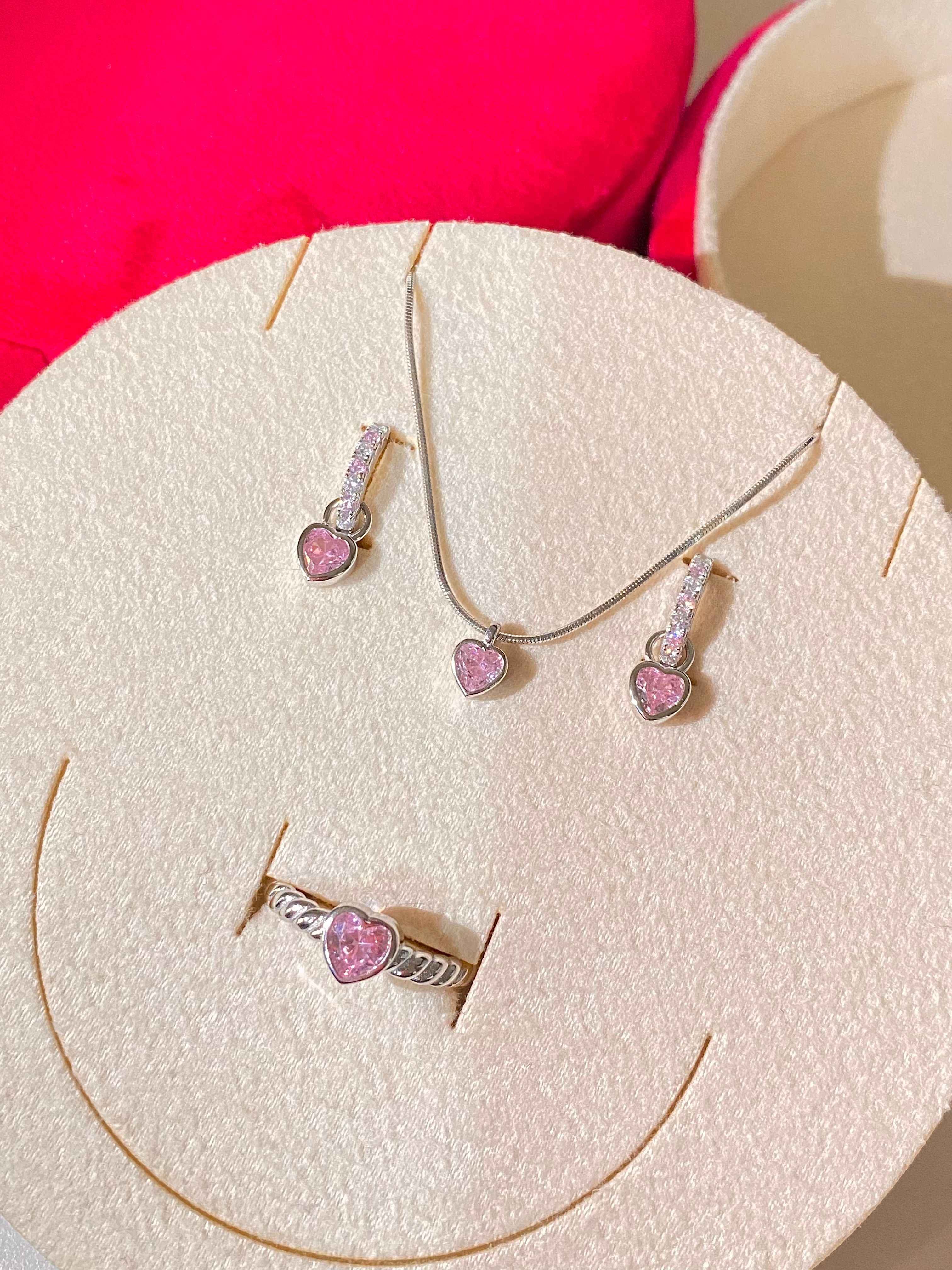 925 Ayar Gümüş Silver Açık Pembe Kalpli Set