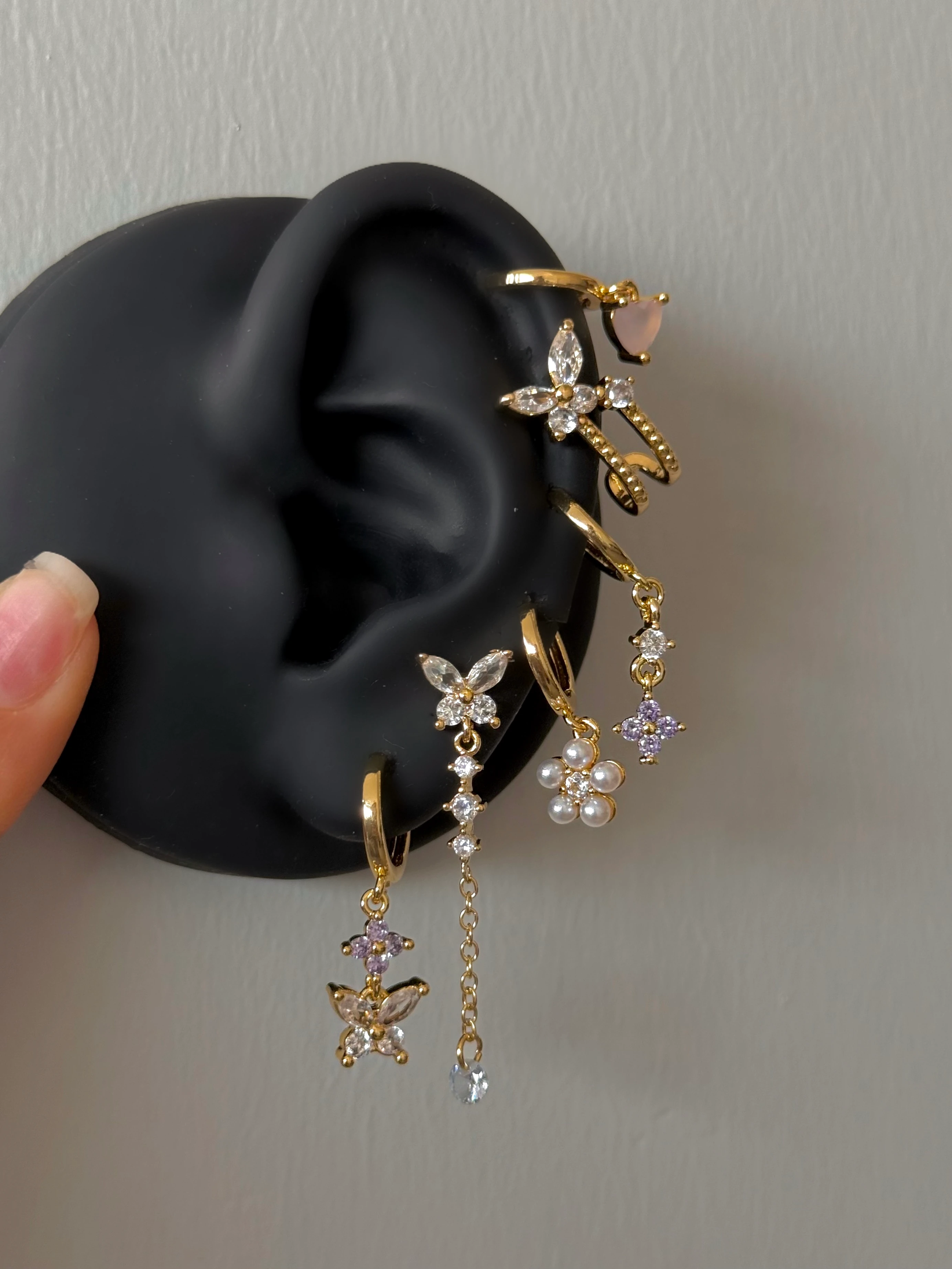 Çelik Kelebek Detay Mor Taşlı 6 Lı Küpe Seti