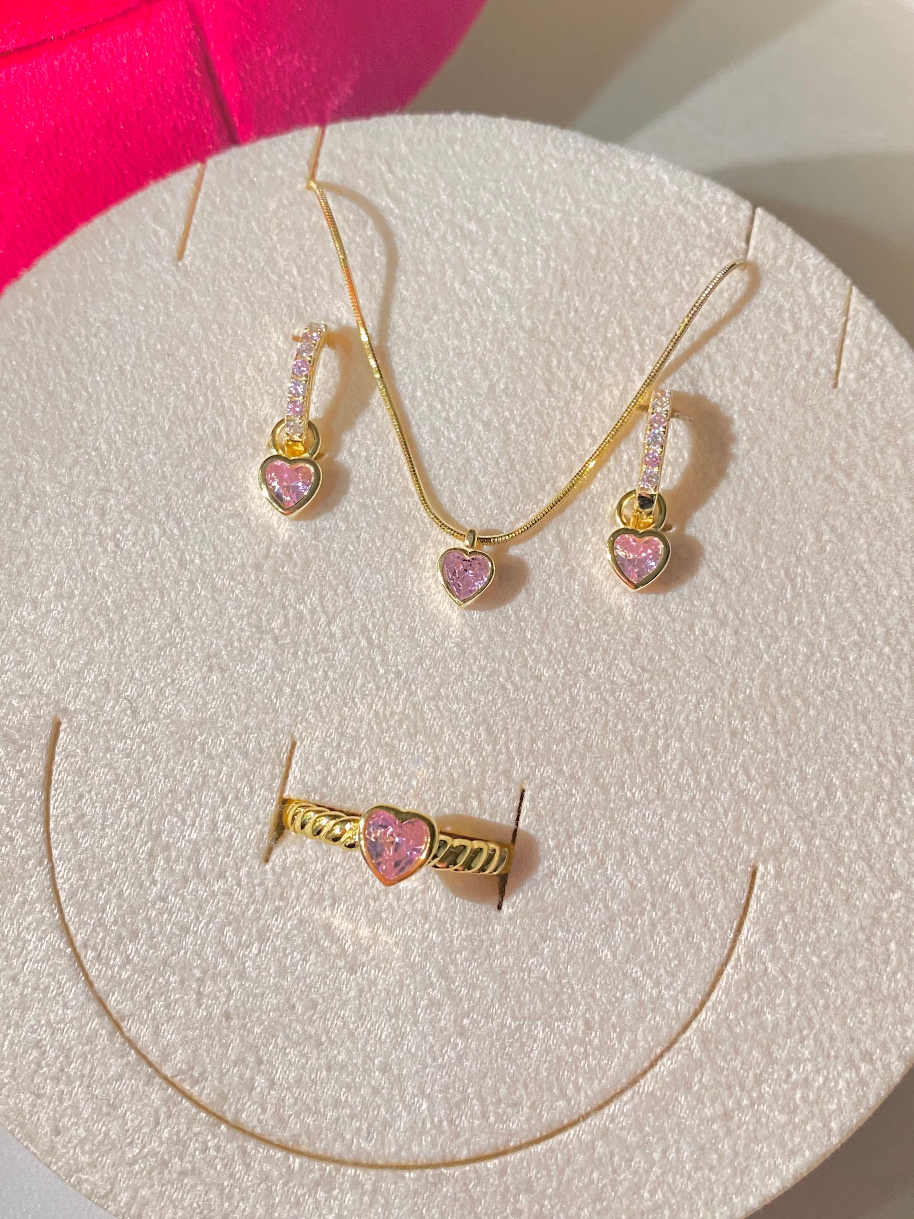 925 Ayar Gümüş Gold Açık Pembe Kalpli Set