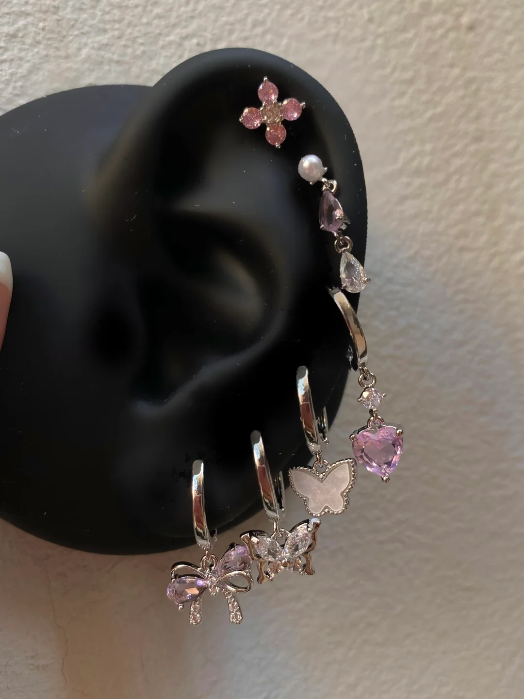 Çelik Silver Pembe Kelebek Detaylı 6 Lı Küpe Seti