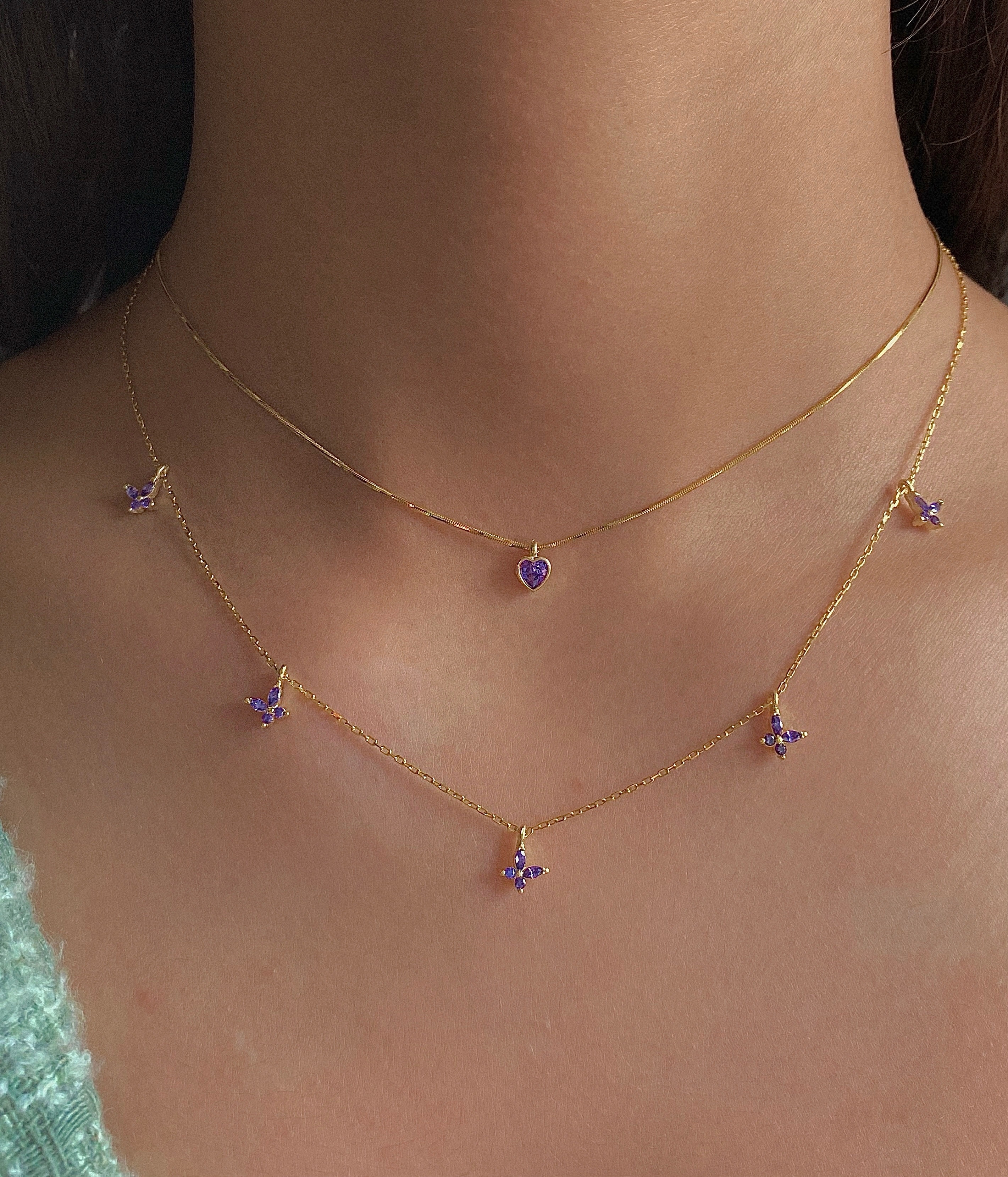 925 Ayar Gümüş Gold Mor Mini Kalp Choker