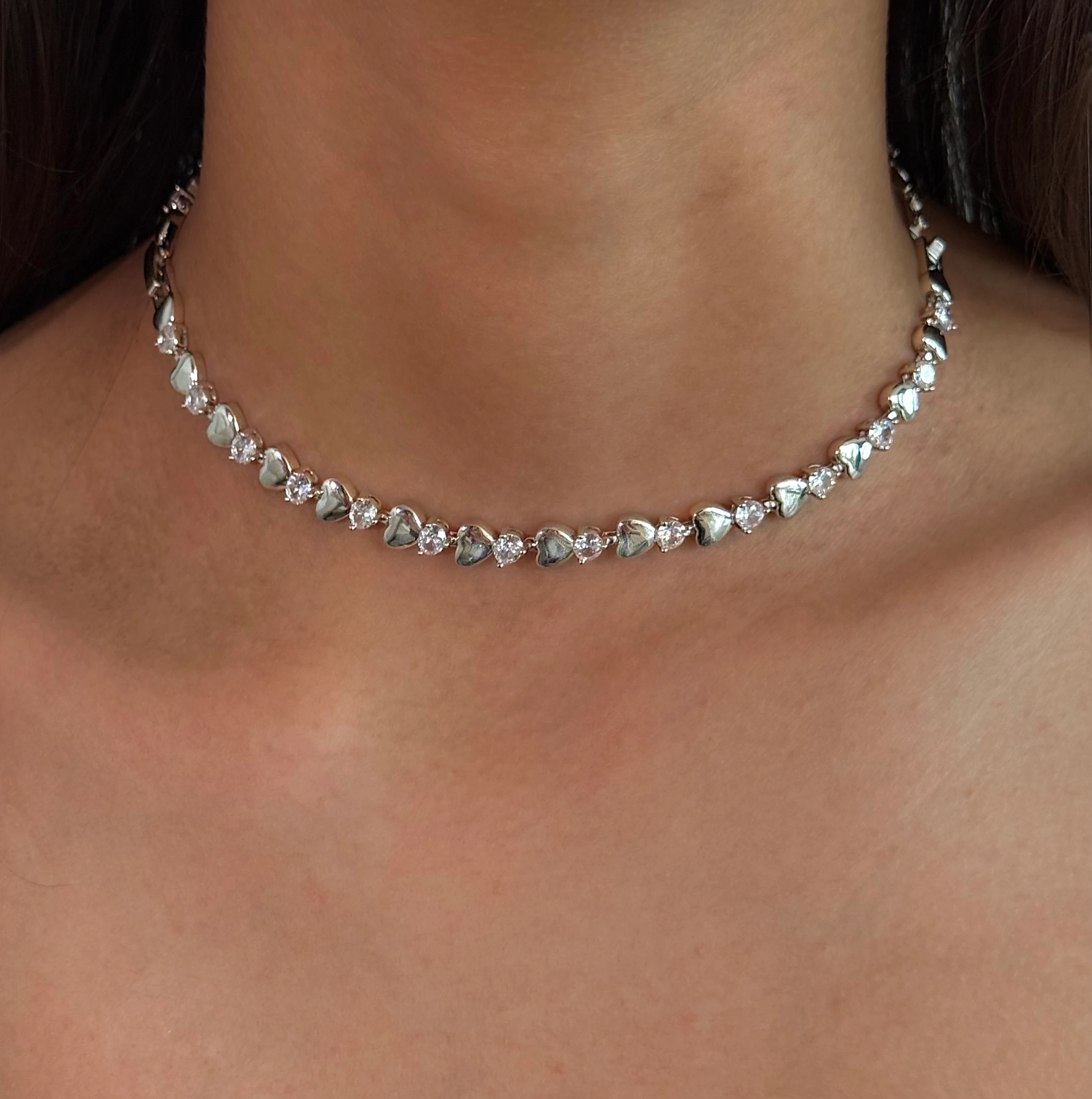 Çelik Silver Taşlı Kalp Choker