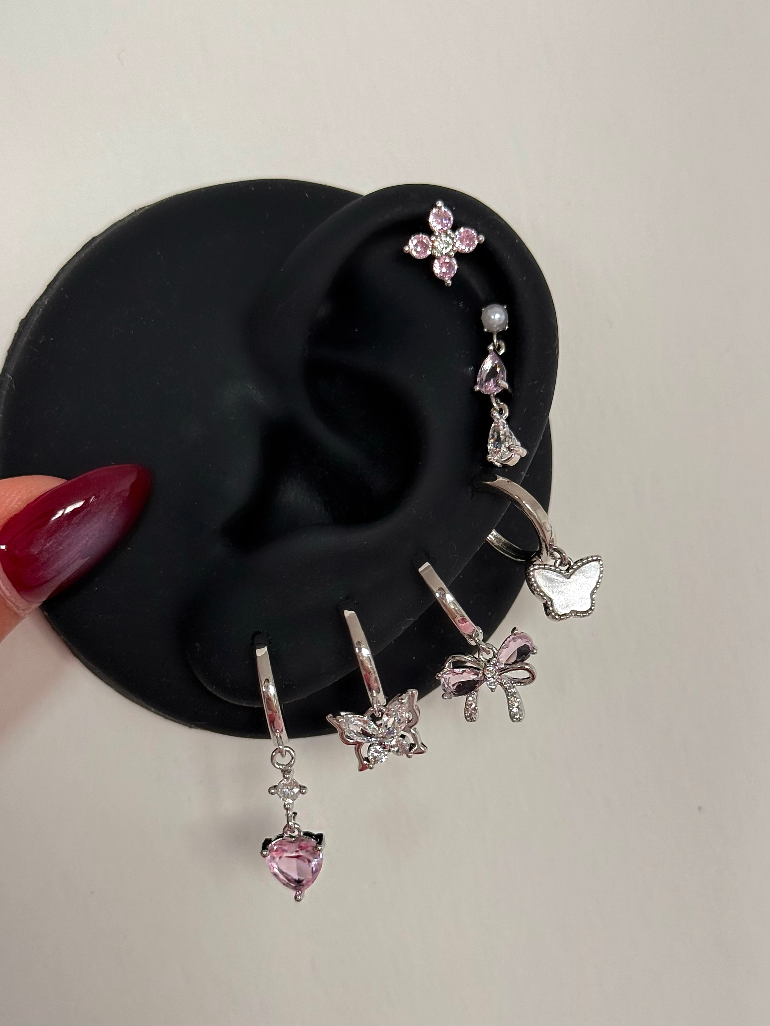 Çelik Silver Pembe Kelebek Detaylı 6 Lı Küpe Seti