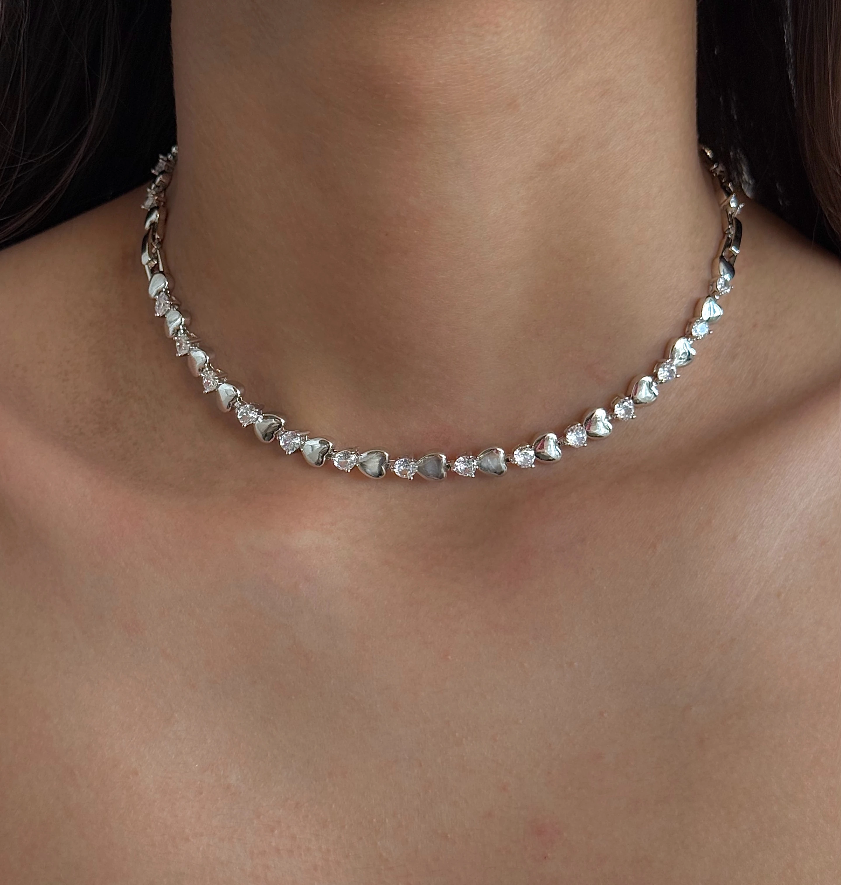 Çelik Silver Taşlı Kalp Choker