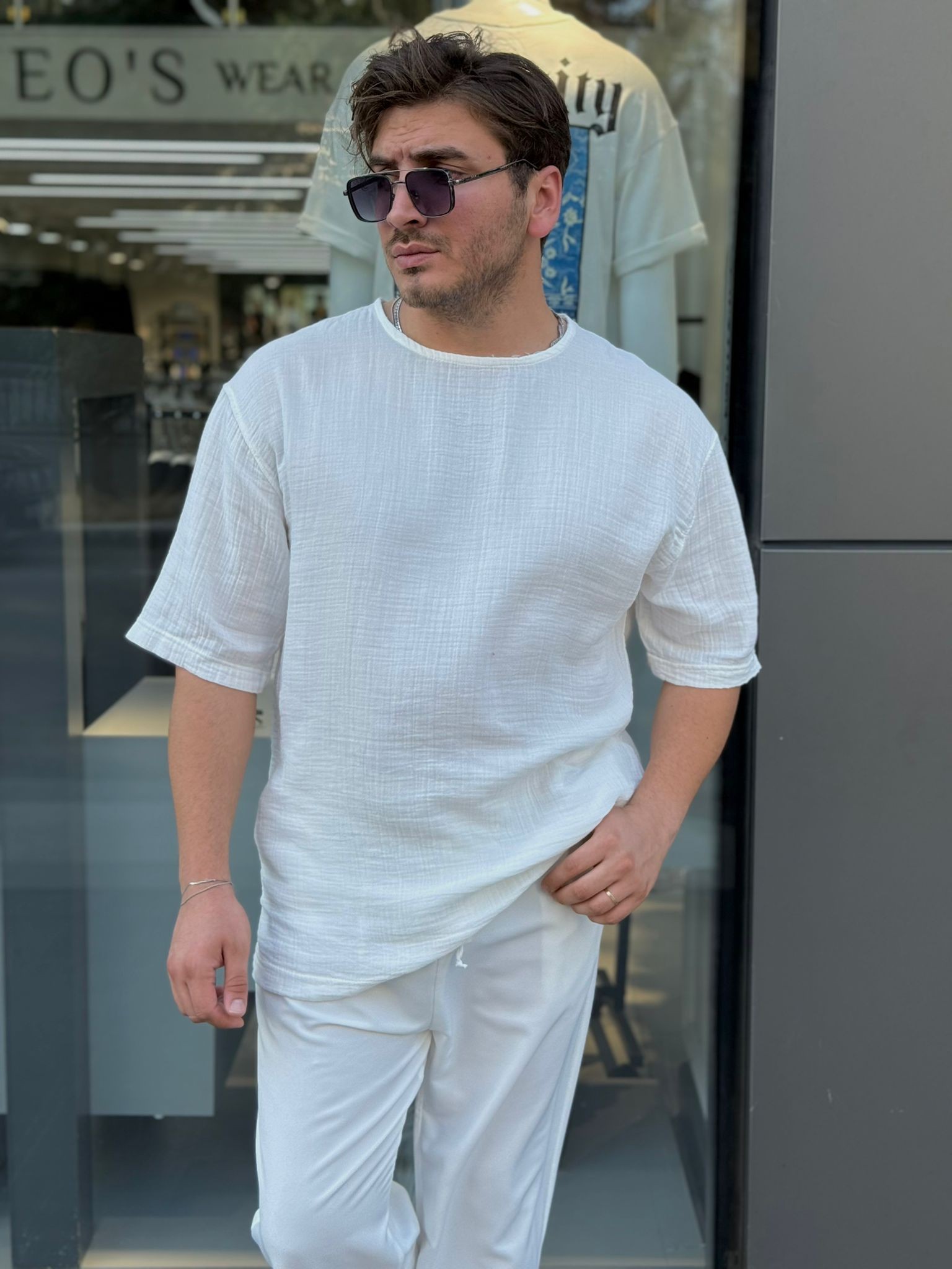 Müslin Kumaş Oversize Fakir Kol Tshirt - Beyaz