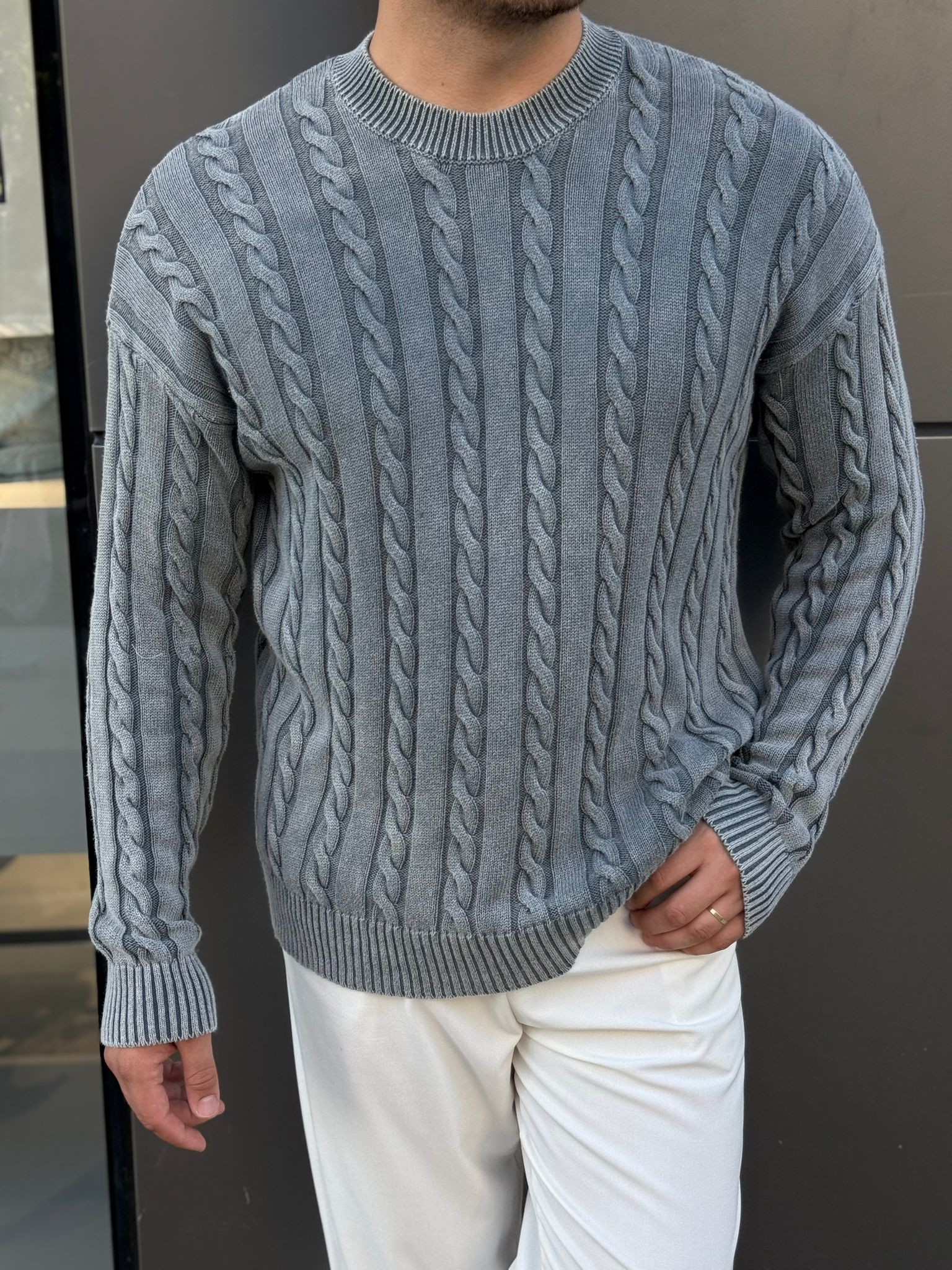 Örme Oversize Bisiklet Yaka Kazak  - Gri