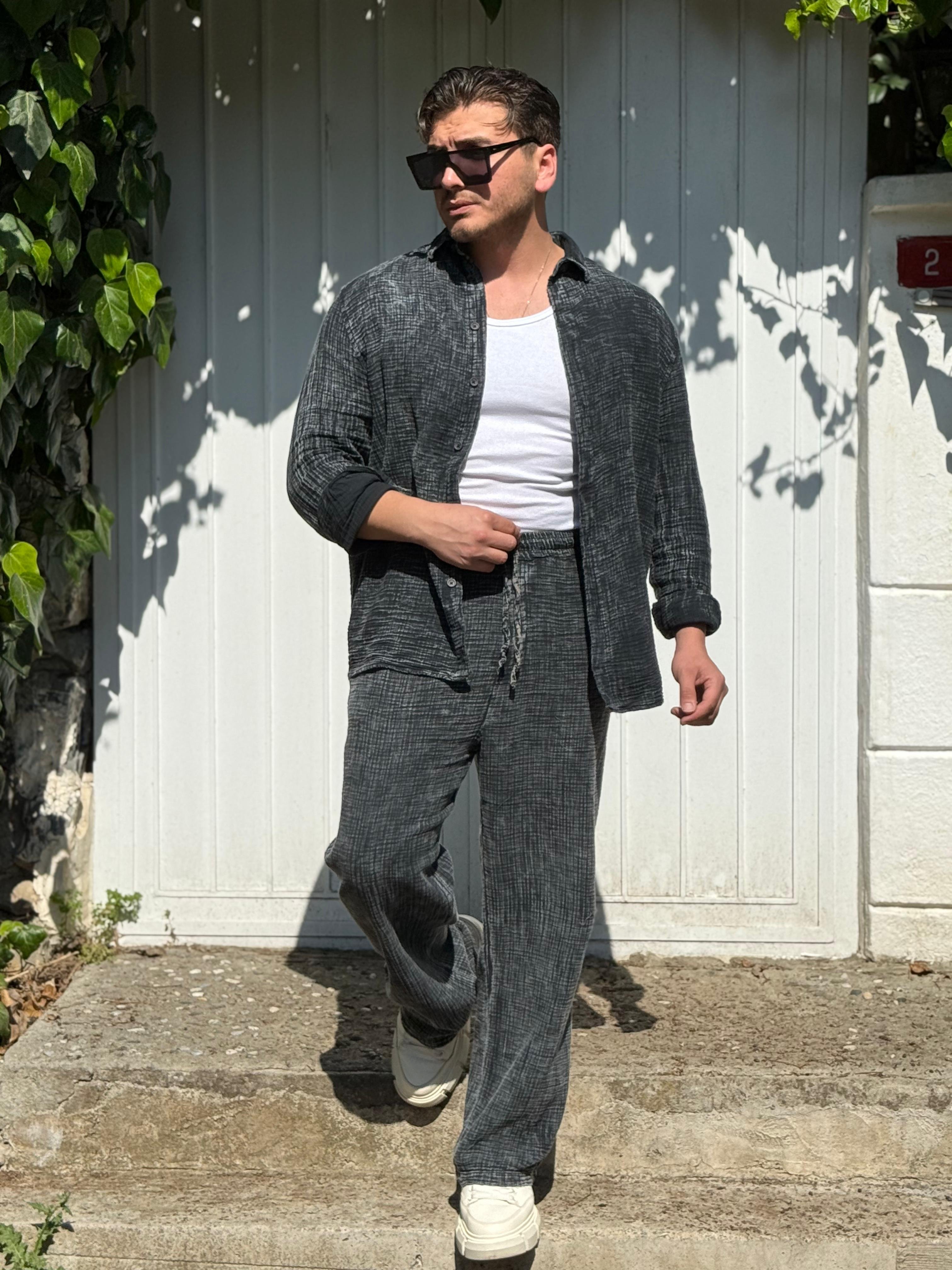 Yıkamalı Müslin Kumaş Oversize Takım - Siyah