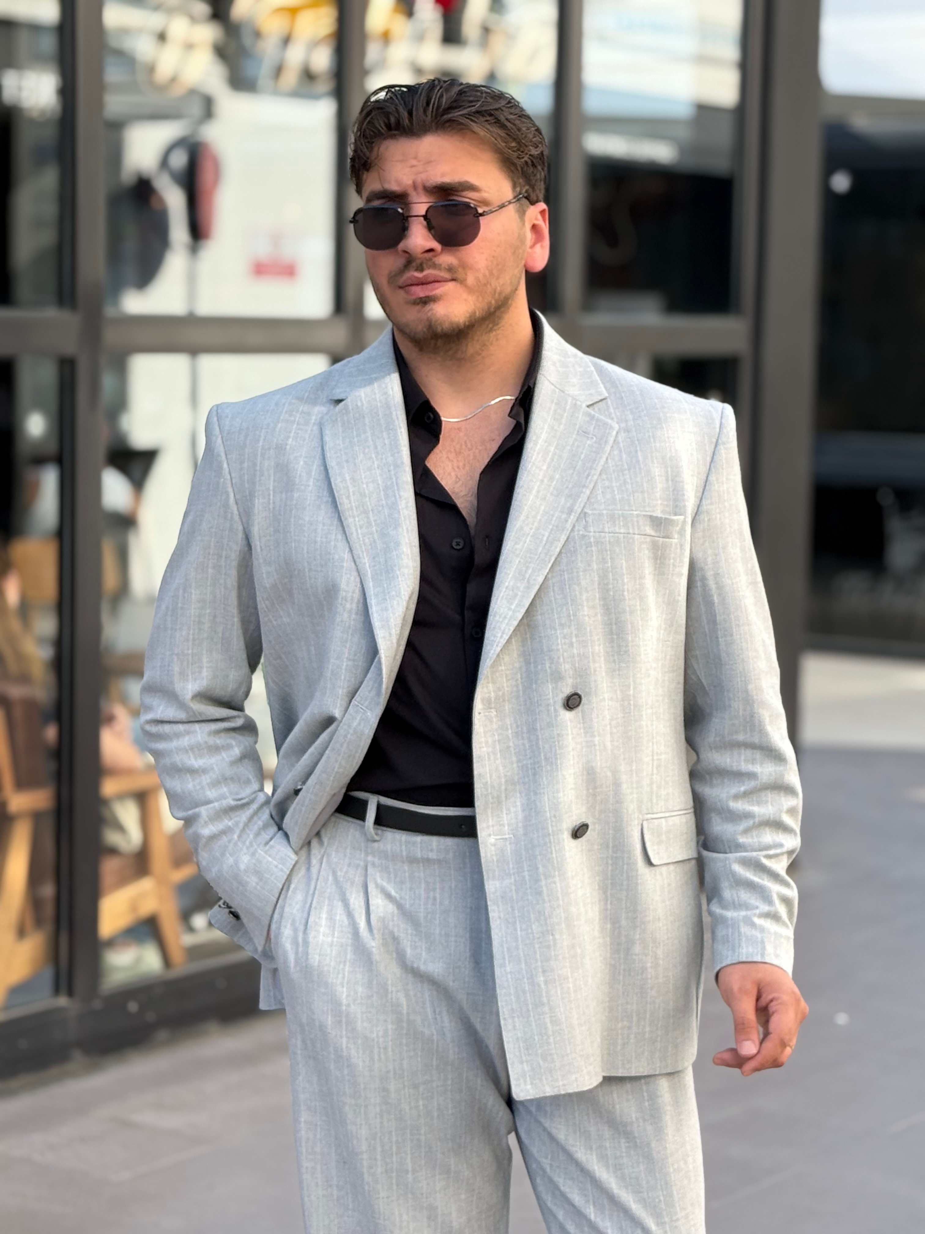 Çizgili Kruvaze Takım Elbise  - Gri