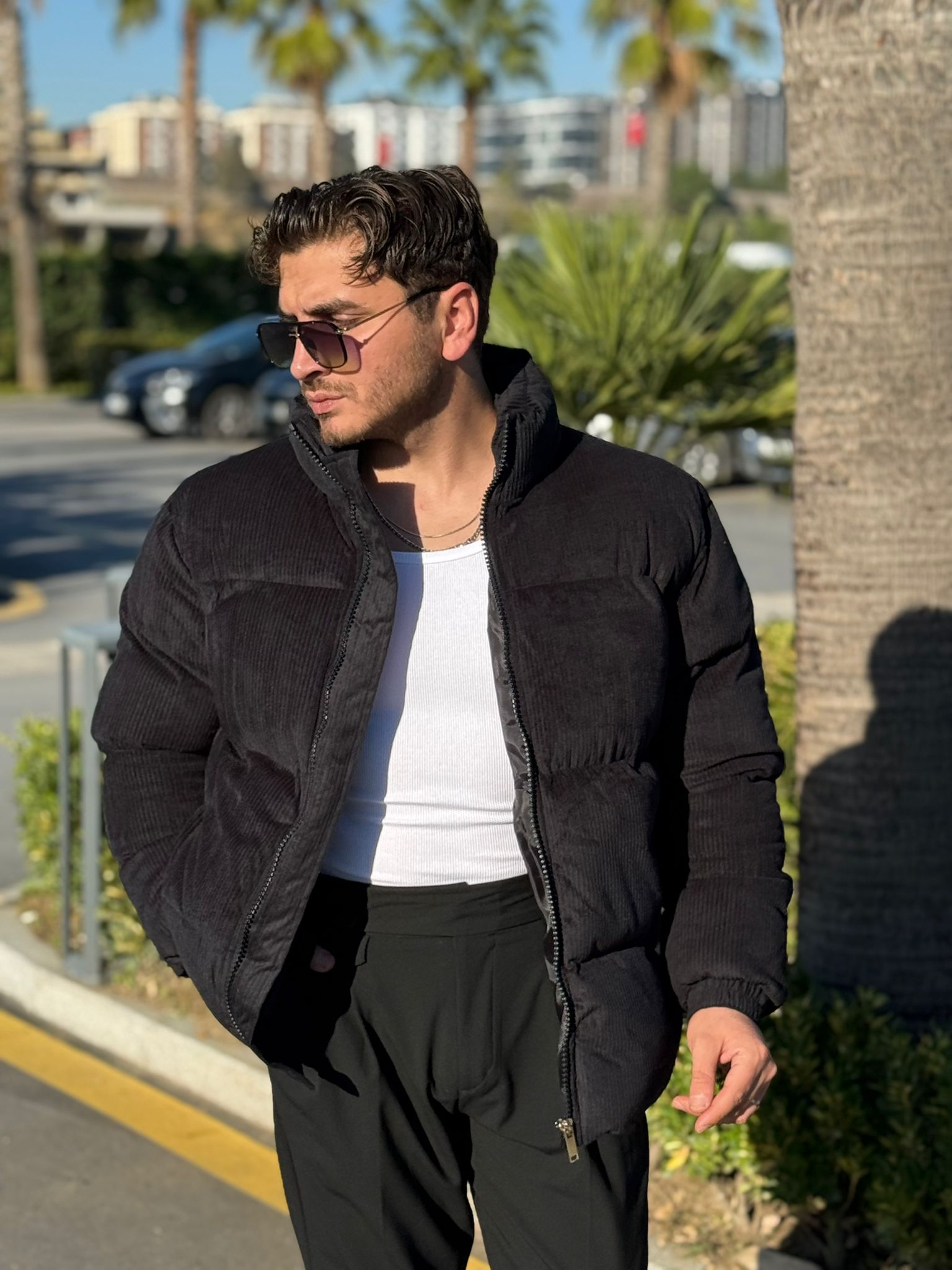 Kadife Şişme Mont - Siyah