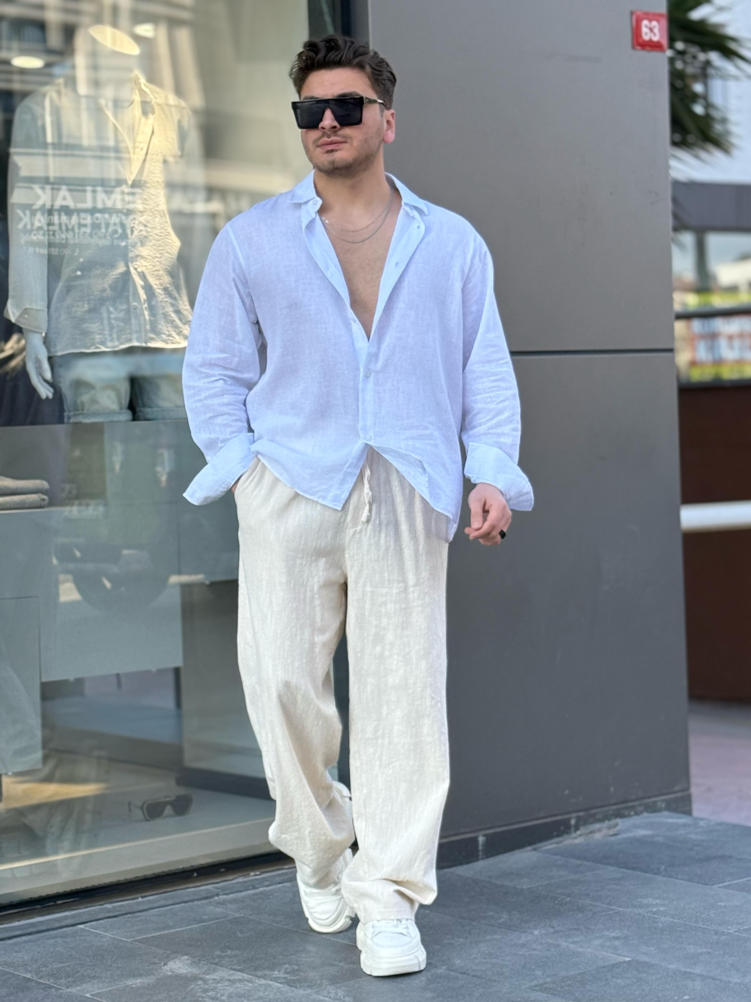 Keten Kumaş Oversize Gömlek - Beyaz