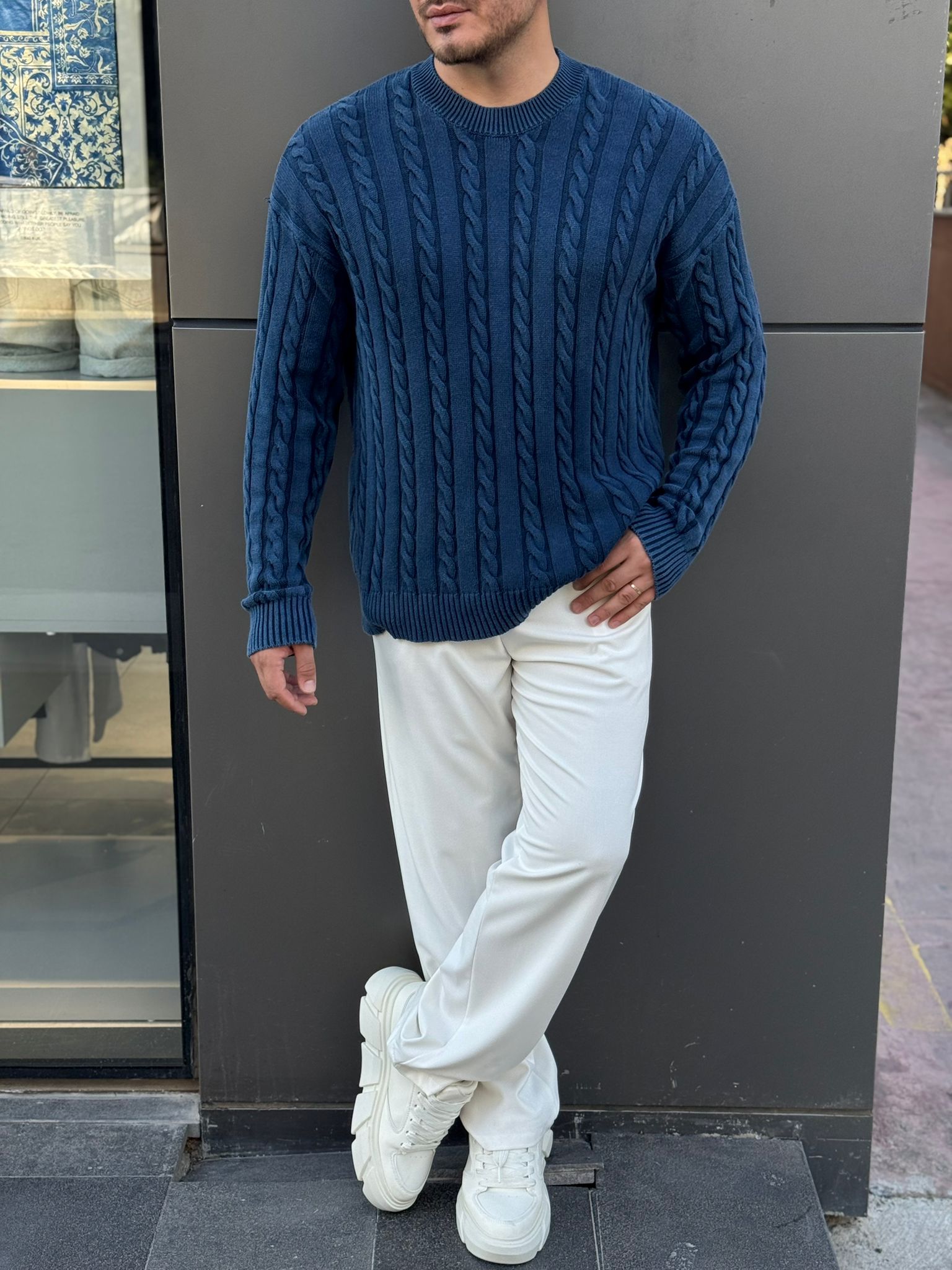 Örme Oversize Bisiklet Yaka Kazak  - Lacivert