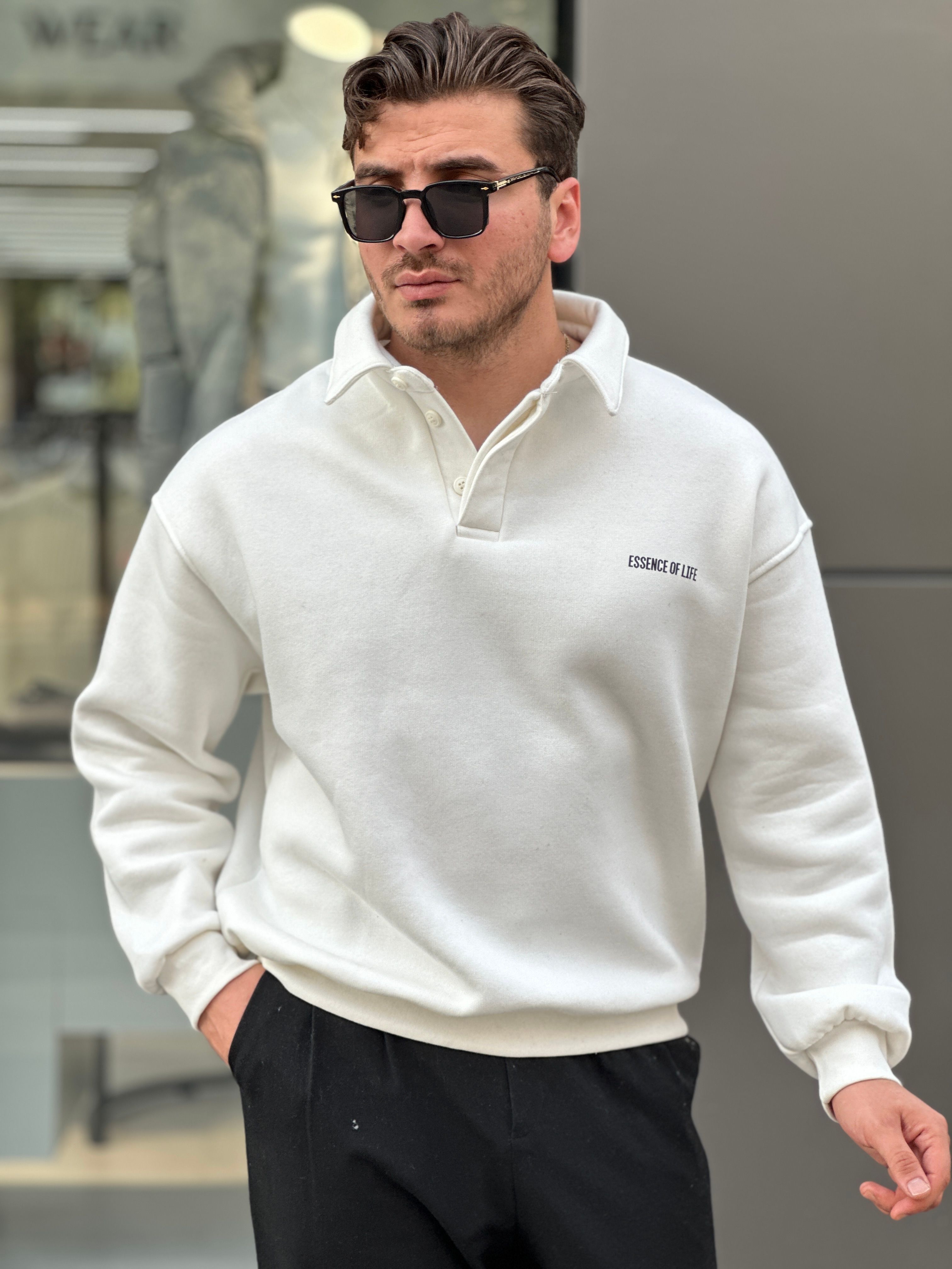 Düğmeli Şardonlu Sweat  - Beyaz