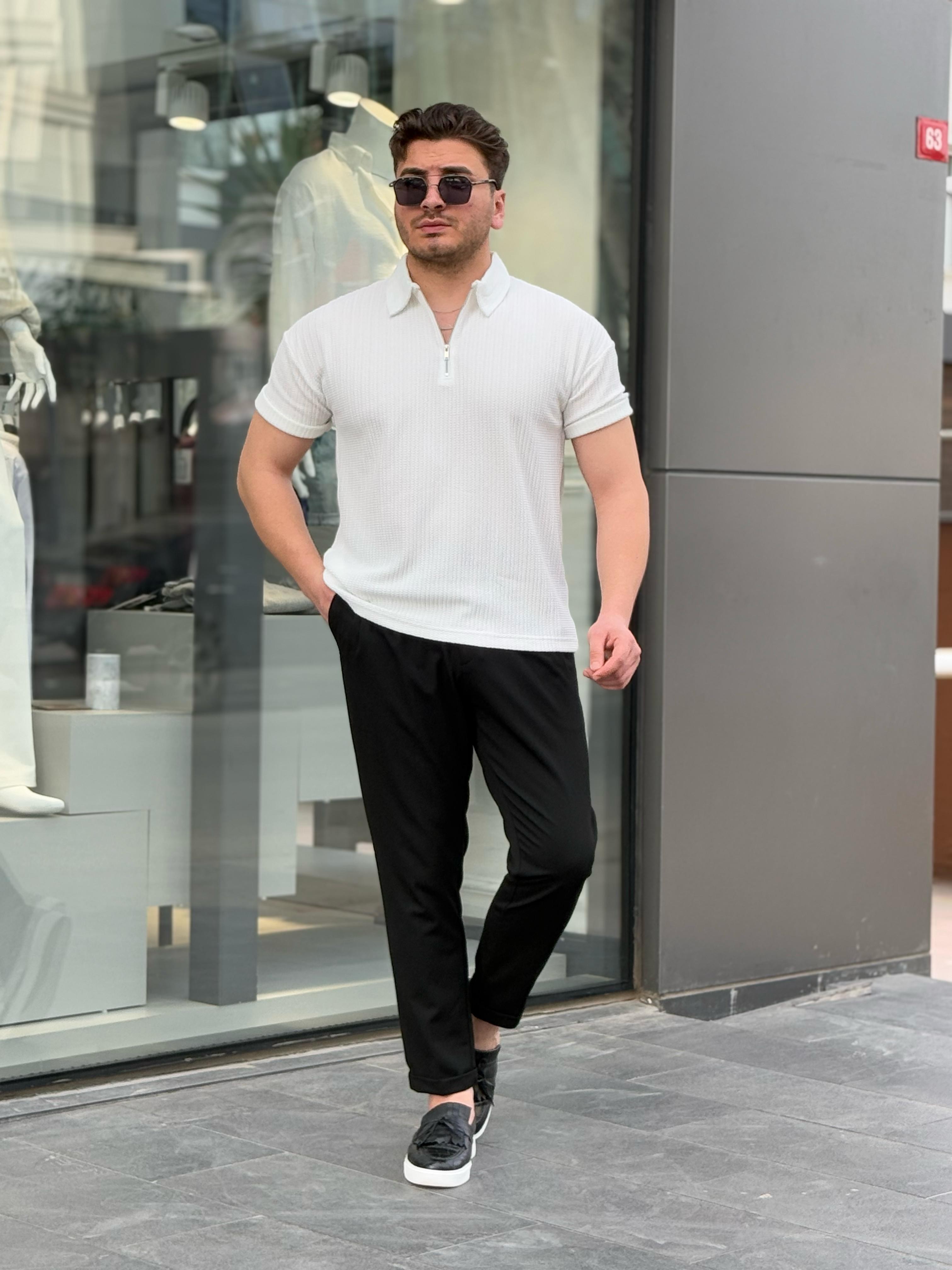 Fermuarlı Regular Kesim Tshirt - Beyaz