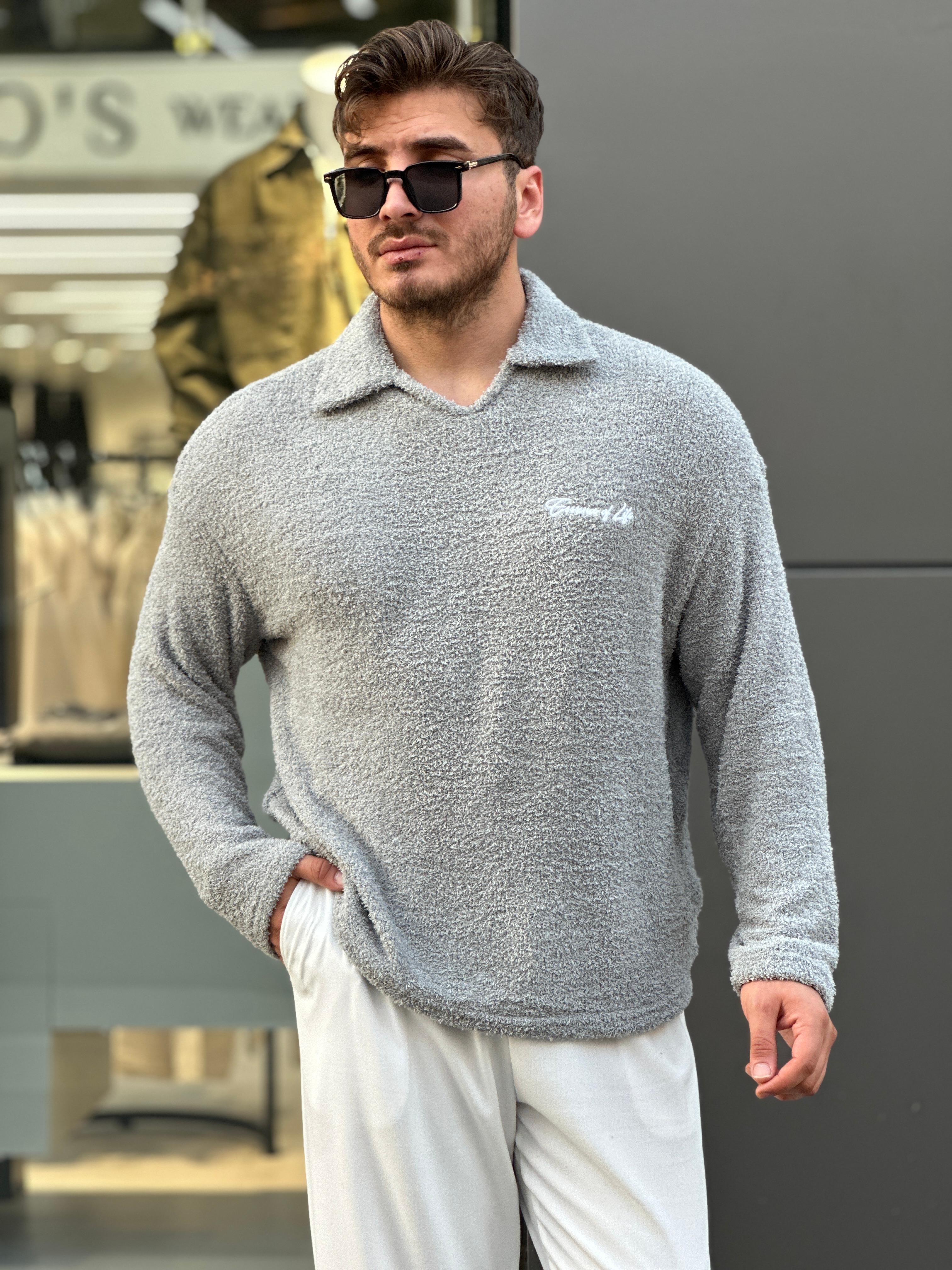 Minimal Baskılı Polo Yaka Peluş Sweat  - Gri