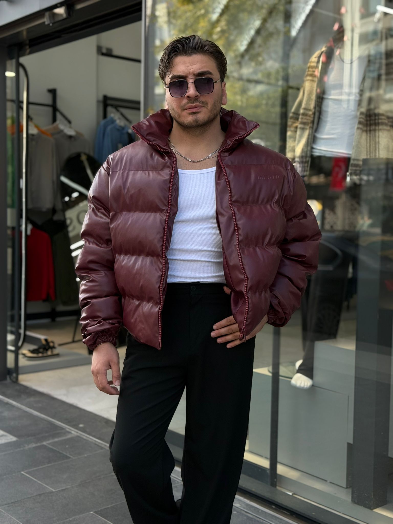 Minimal Baskılı Şişme Mont - Bordo