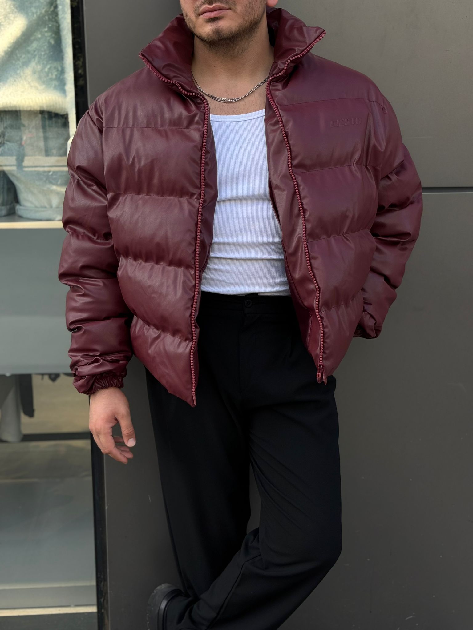 Minimal Baskılı Şişme Mont - Bordo
