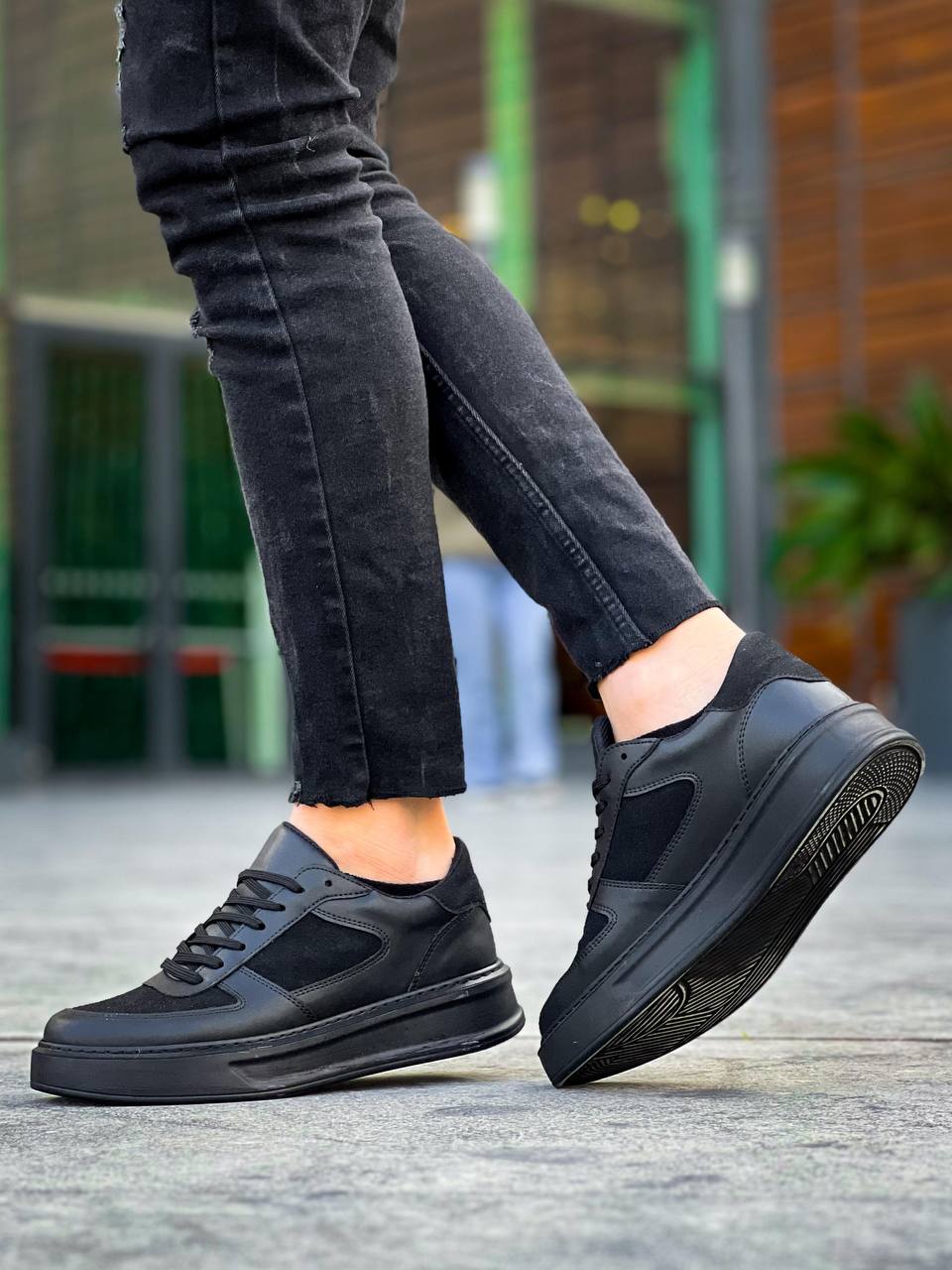 KB-X8 Kuback Siyah Cilt Siyah Süet  Detaylı Siyah Yüksek Taban Günlük Spor Ayakkabı
