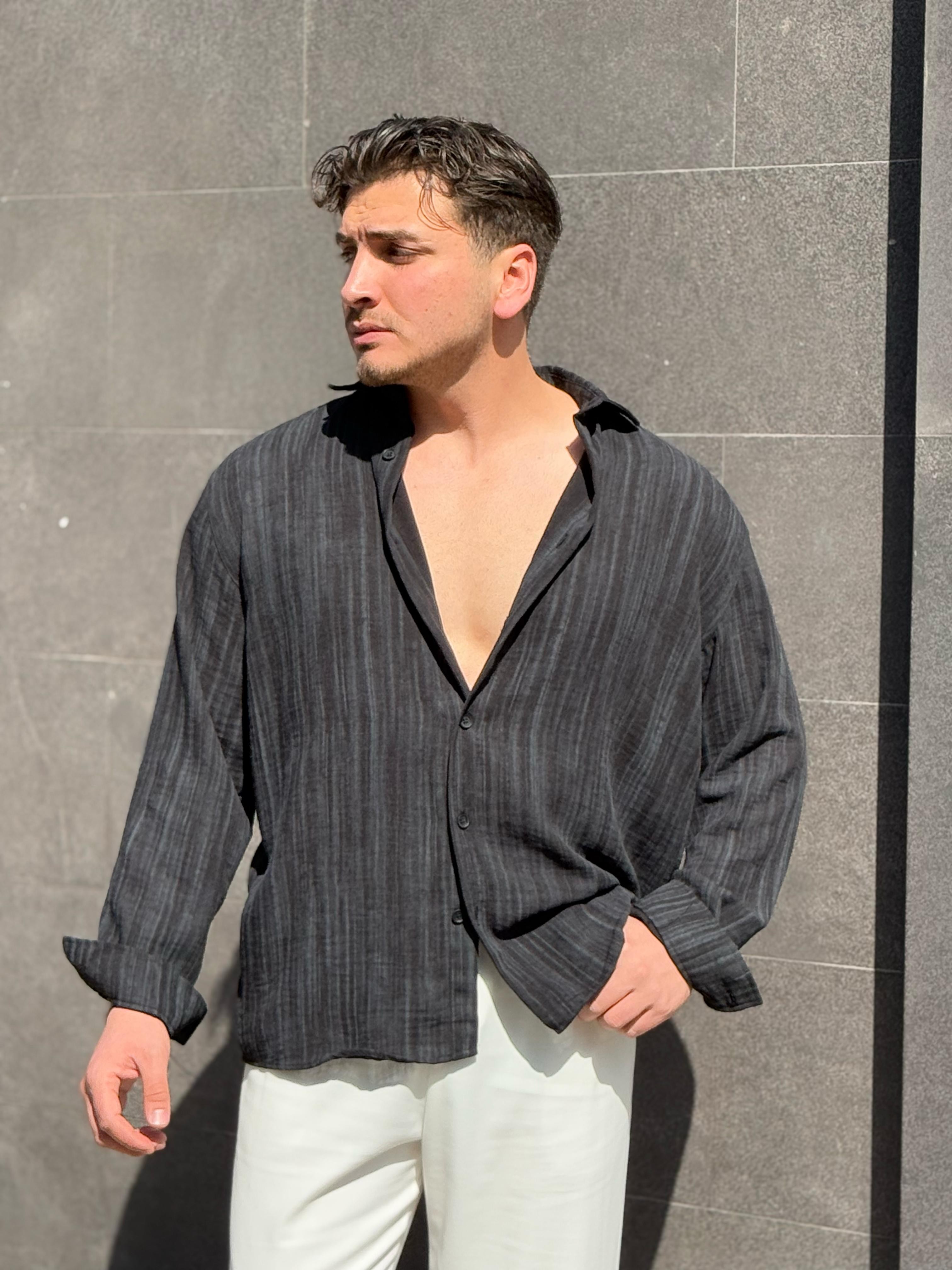 Çizgi Detaylı Oversize Gömlek