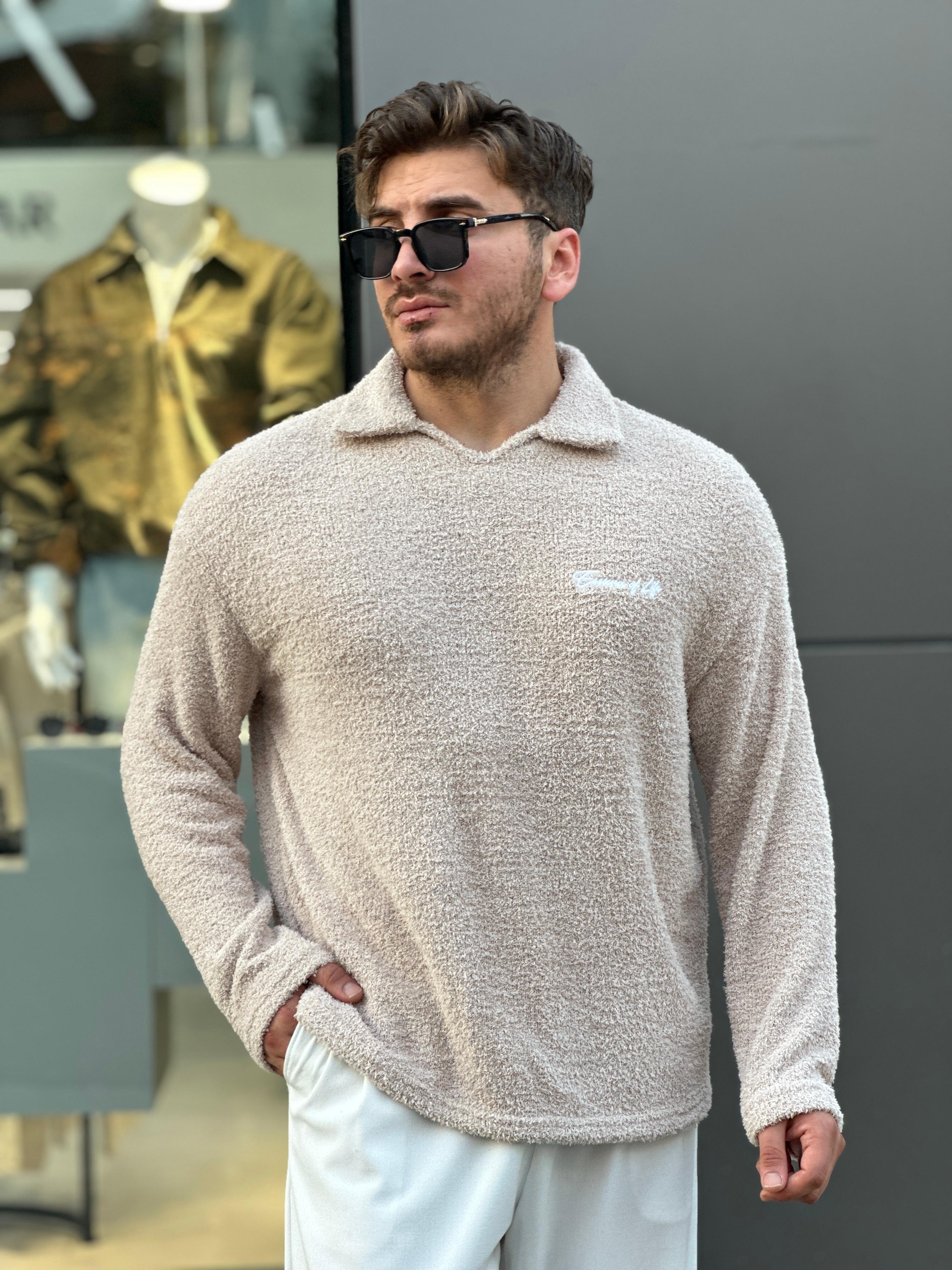 Minimal Baskılı Polo Yaka Peluş Sweat  - krem