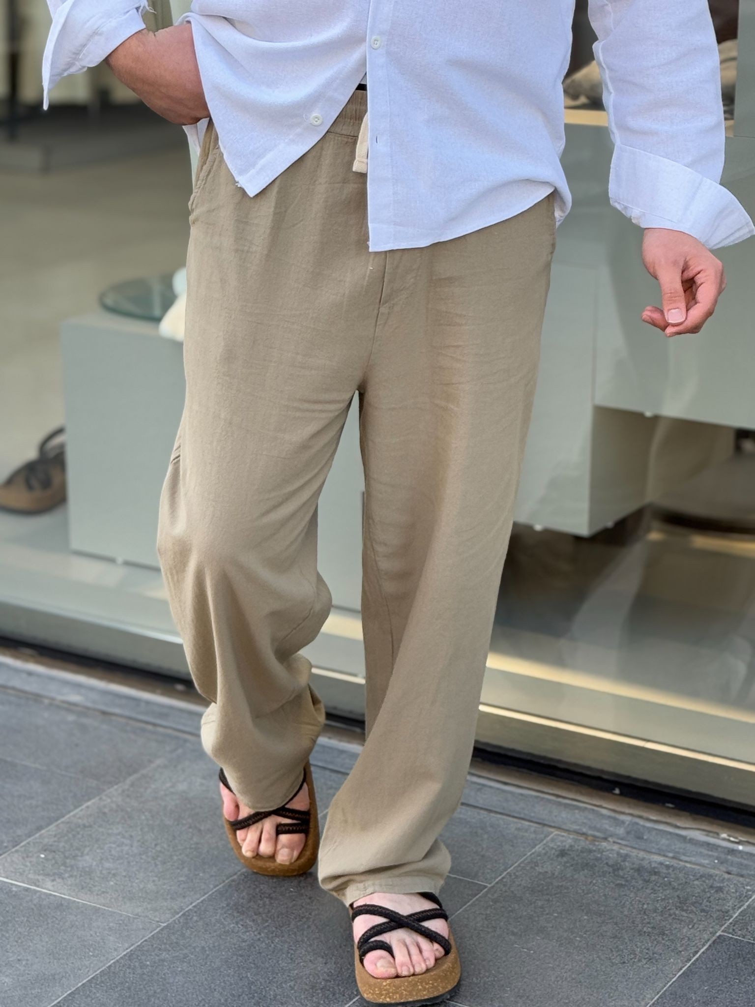 Keten Baggy İpli Pantolon - Yeşil