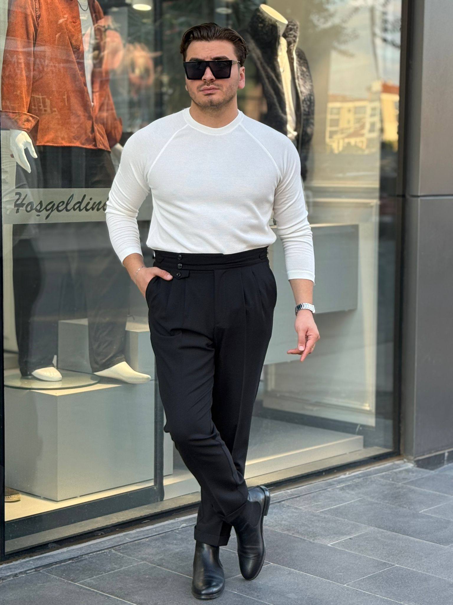 Kol Çizgili Sweatshirt - Beyaz