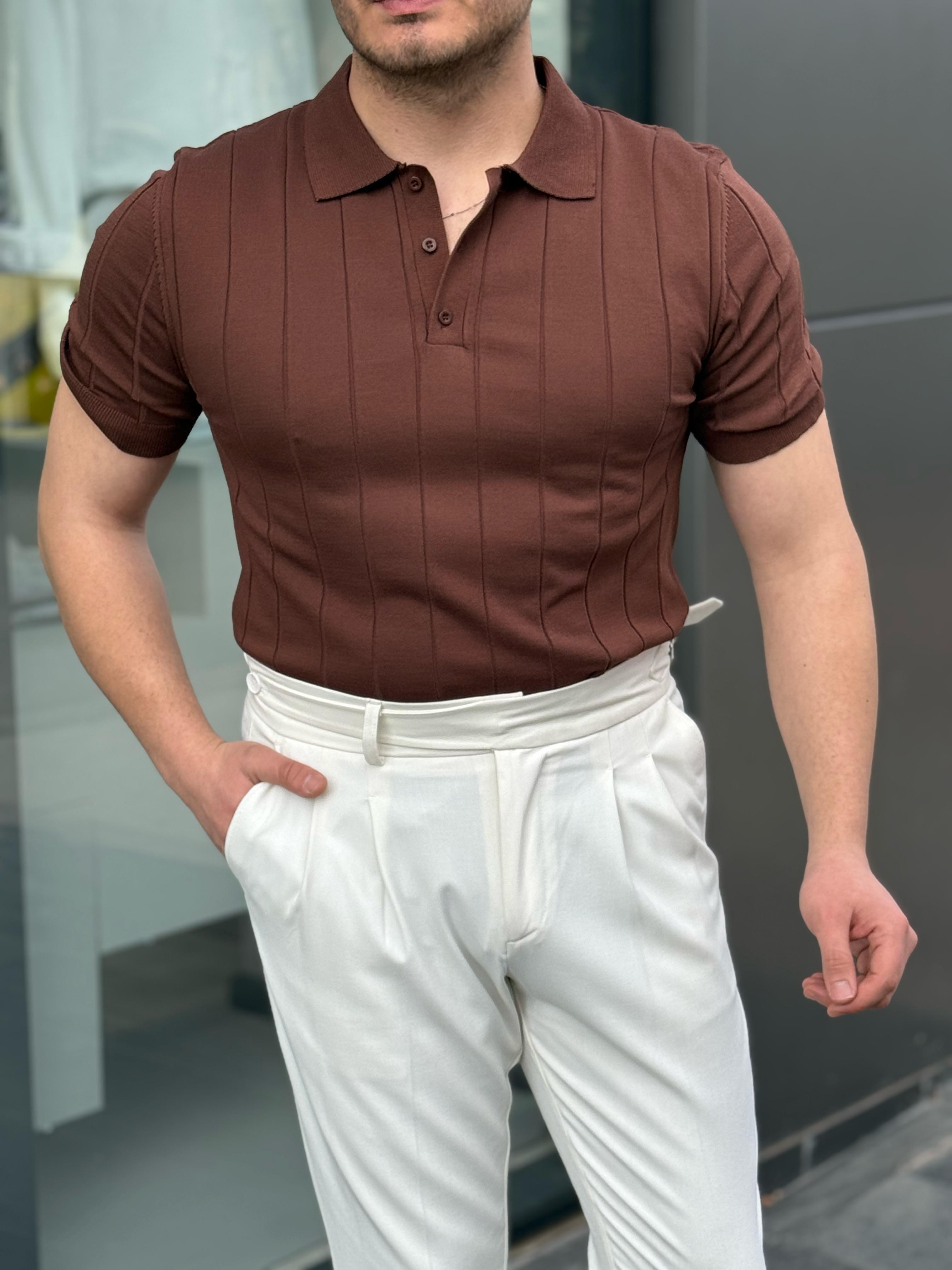 Çizgili Polo Yaka Triko - Kahve