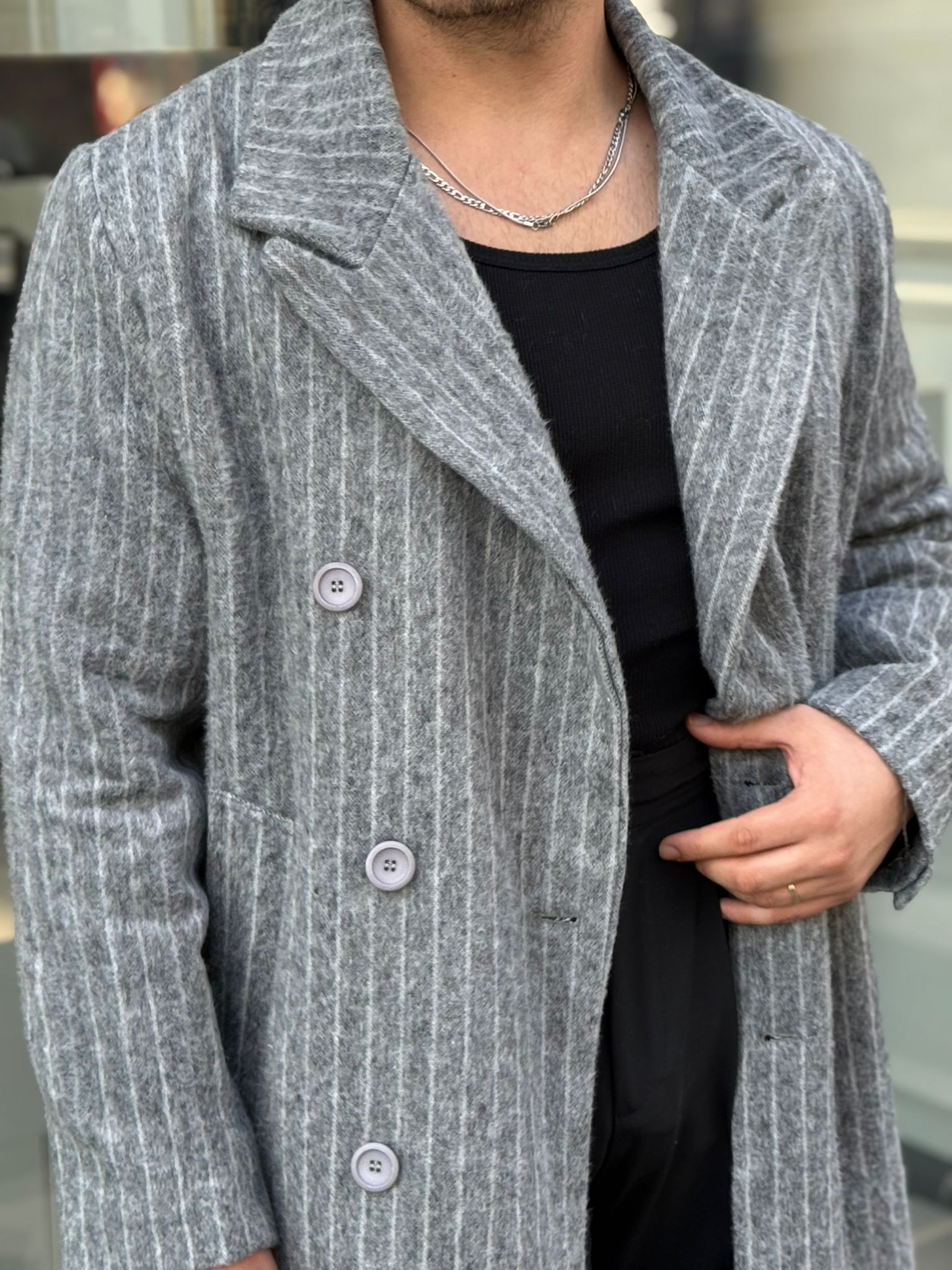 Çizgili Kaşe Kaban - Gri