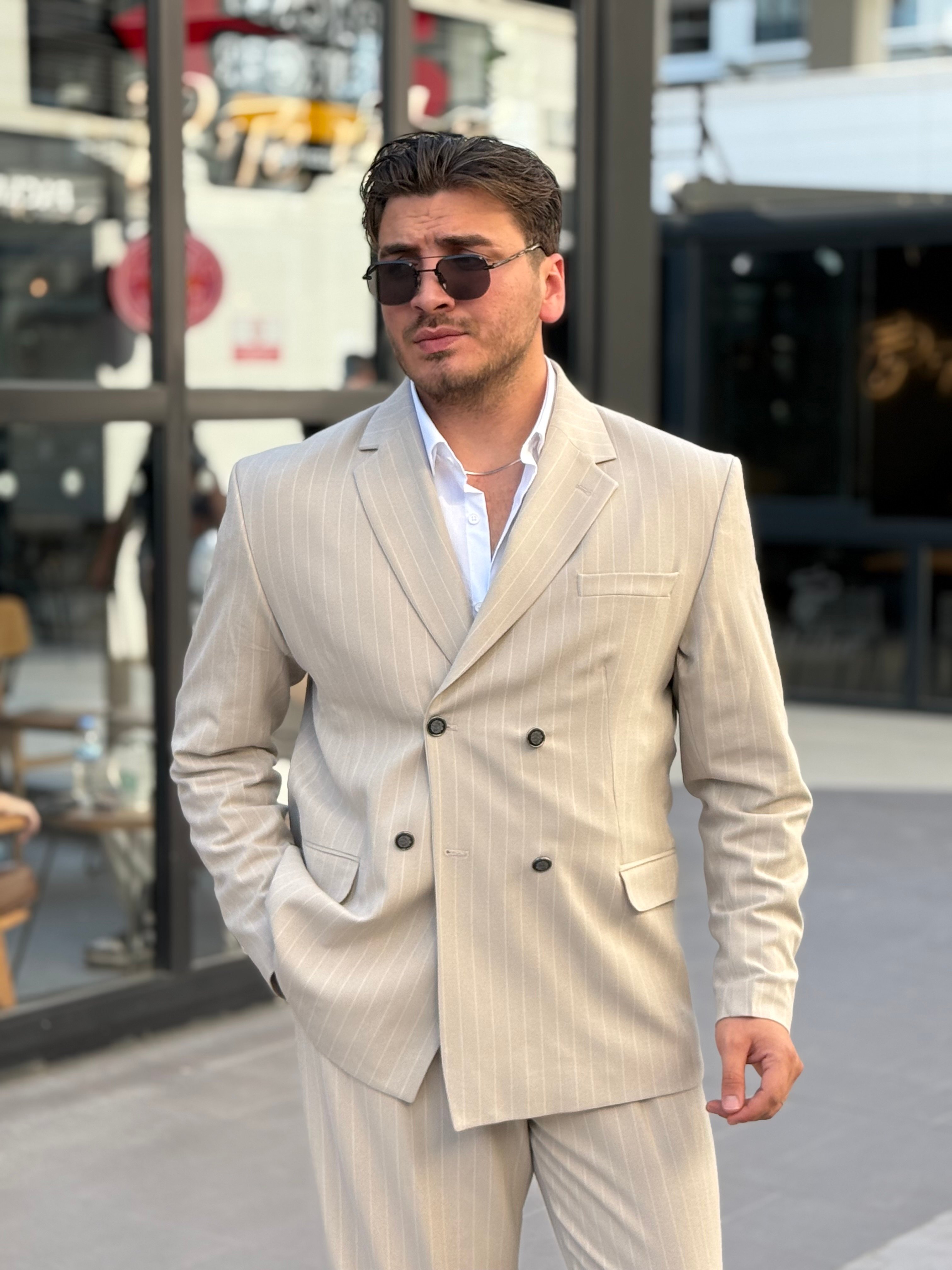 Çizgili Kruvaze Takım Elbise  - krem