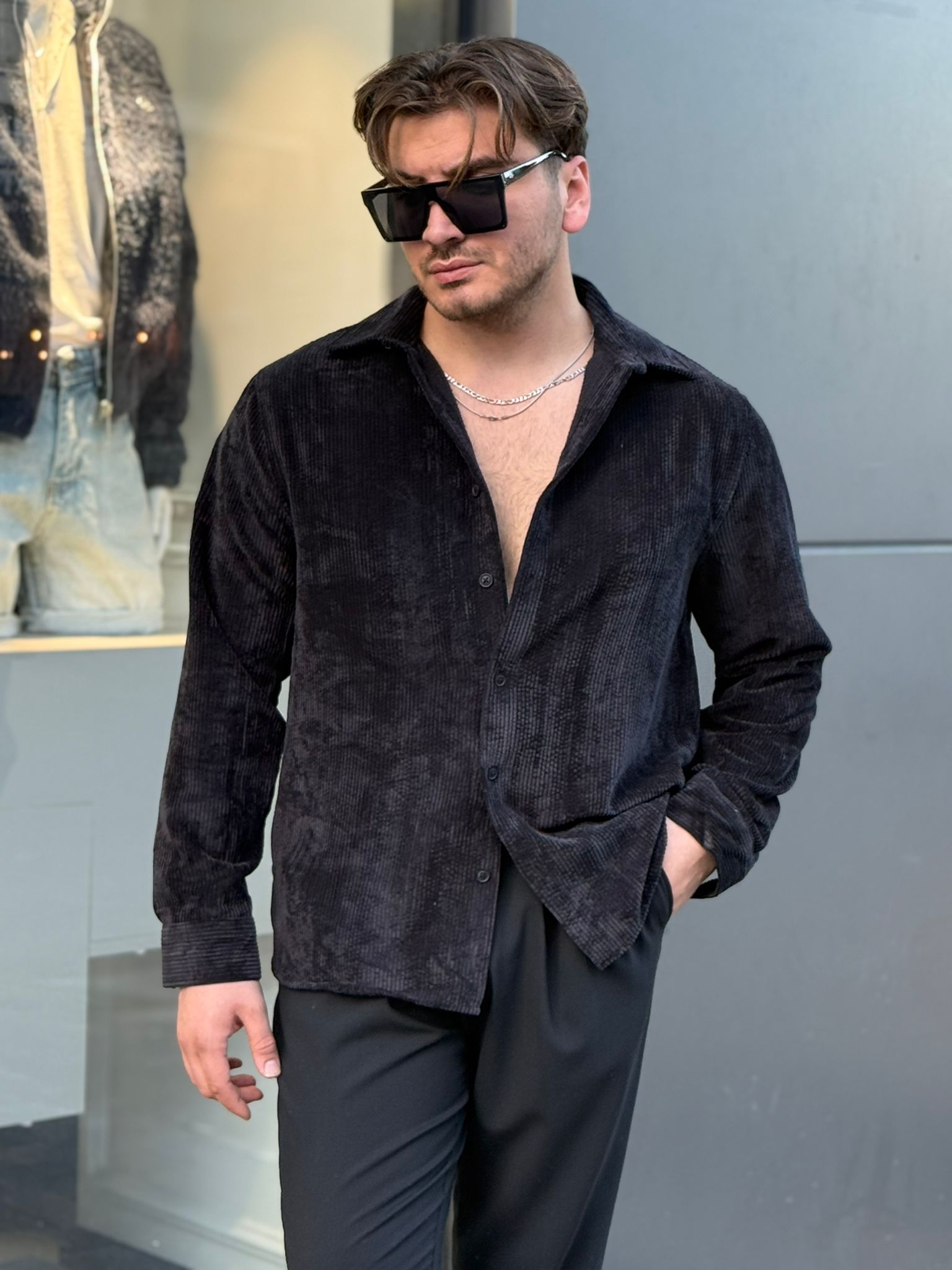 Kadife Oversize Gömlek - Siyah