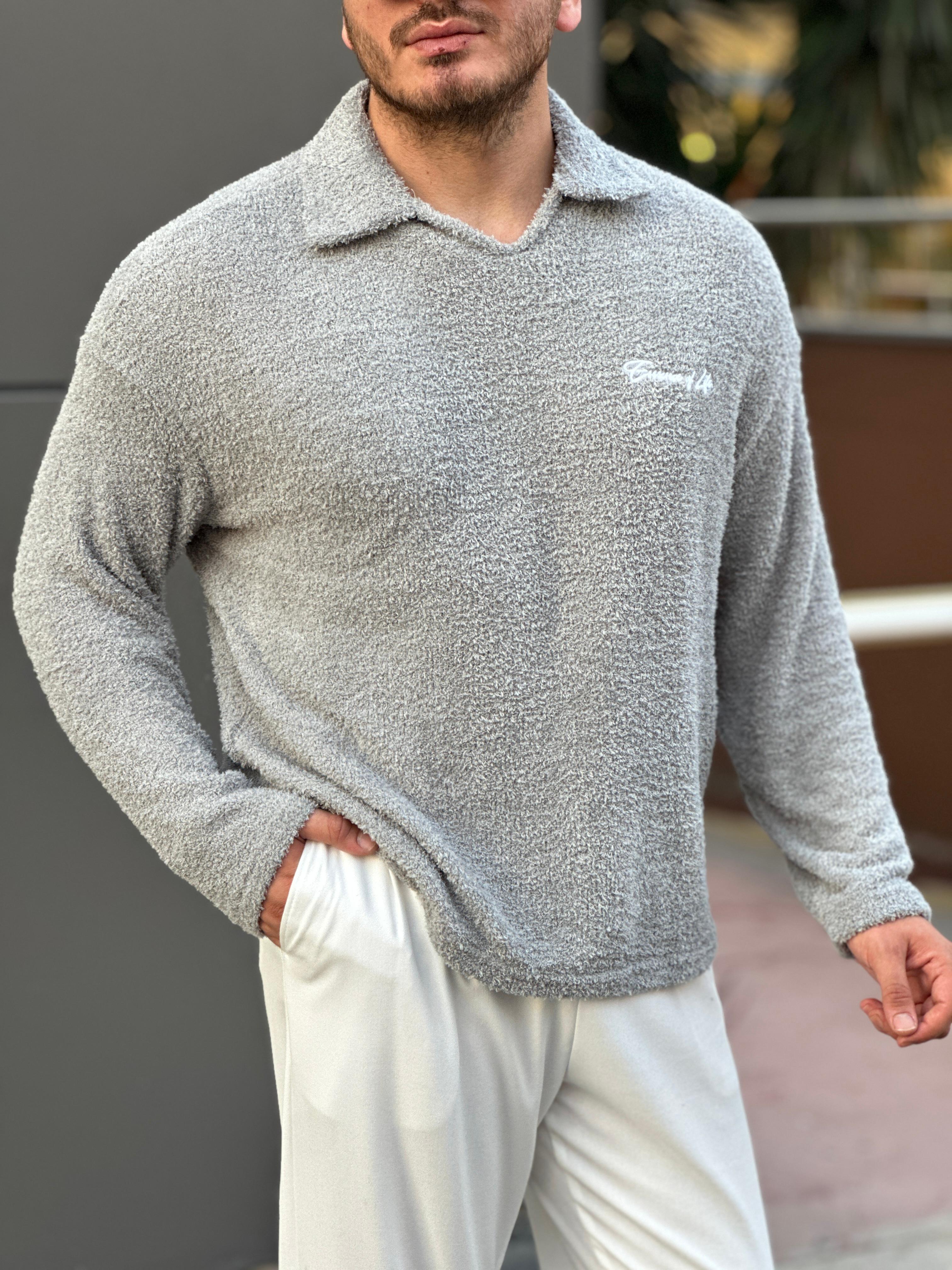 Minimal Baskılı Polo Yaka Peluş Sweat  - Gri