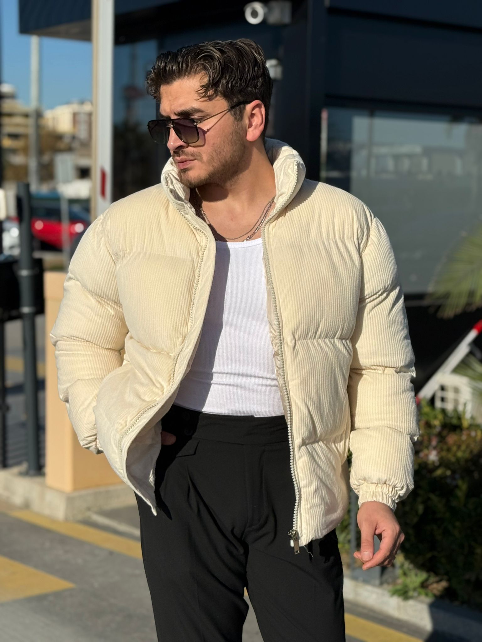 Kadife Şişme Mont - krem