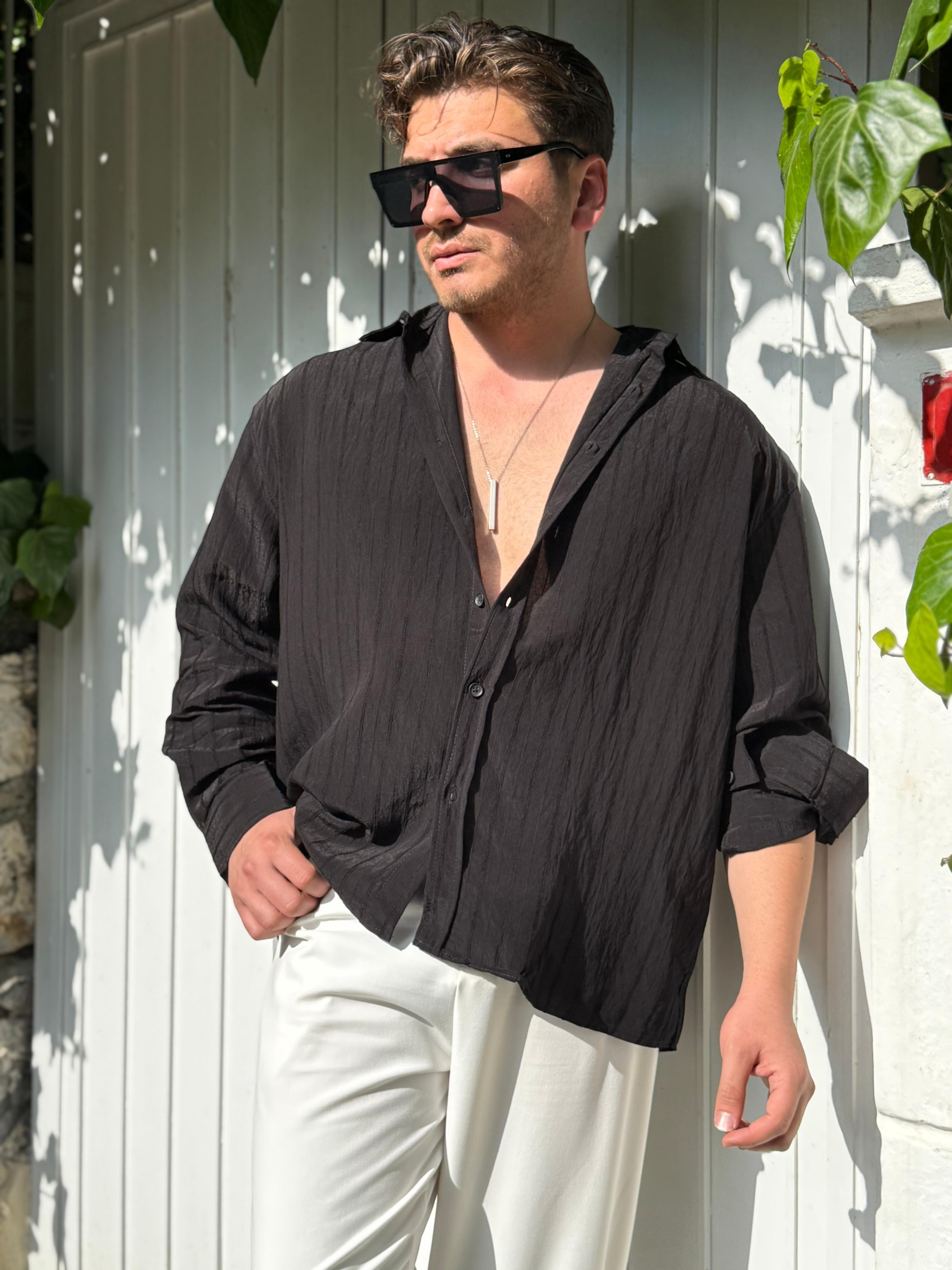 Çizgili Oversize Gömlek - Siyah