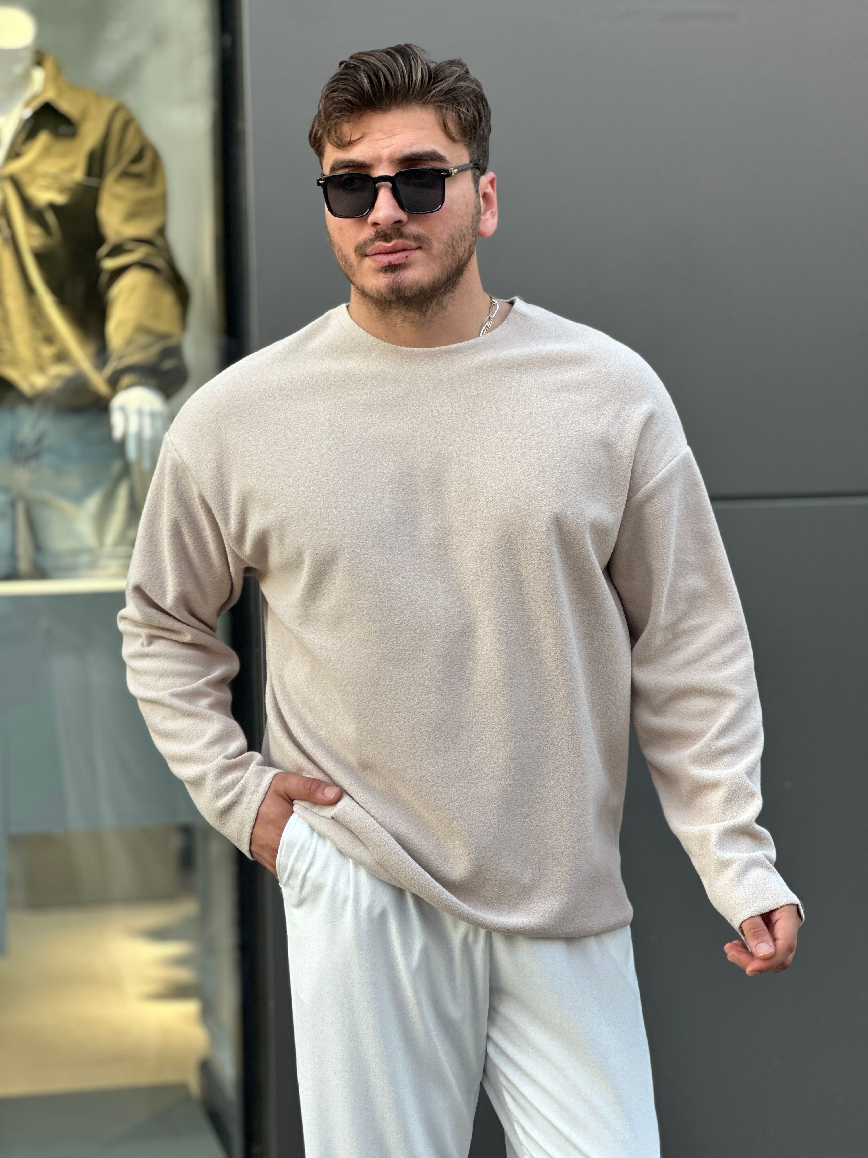 Bisiklet Yaka Basic Sweat  - krem