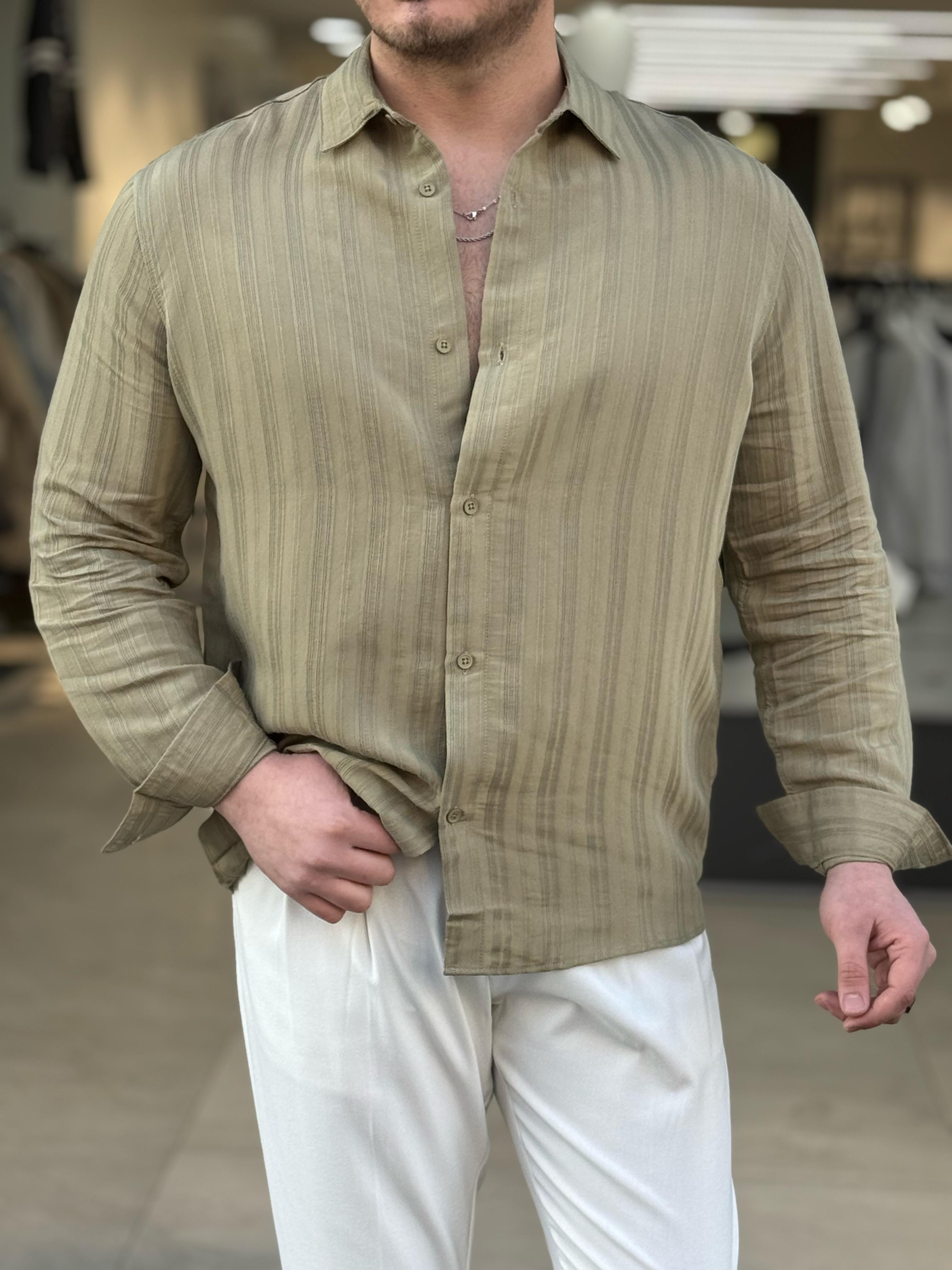 Çizgi Detaylı Yarım Oversize Gömlek - Yeşil